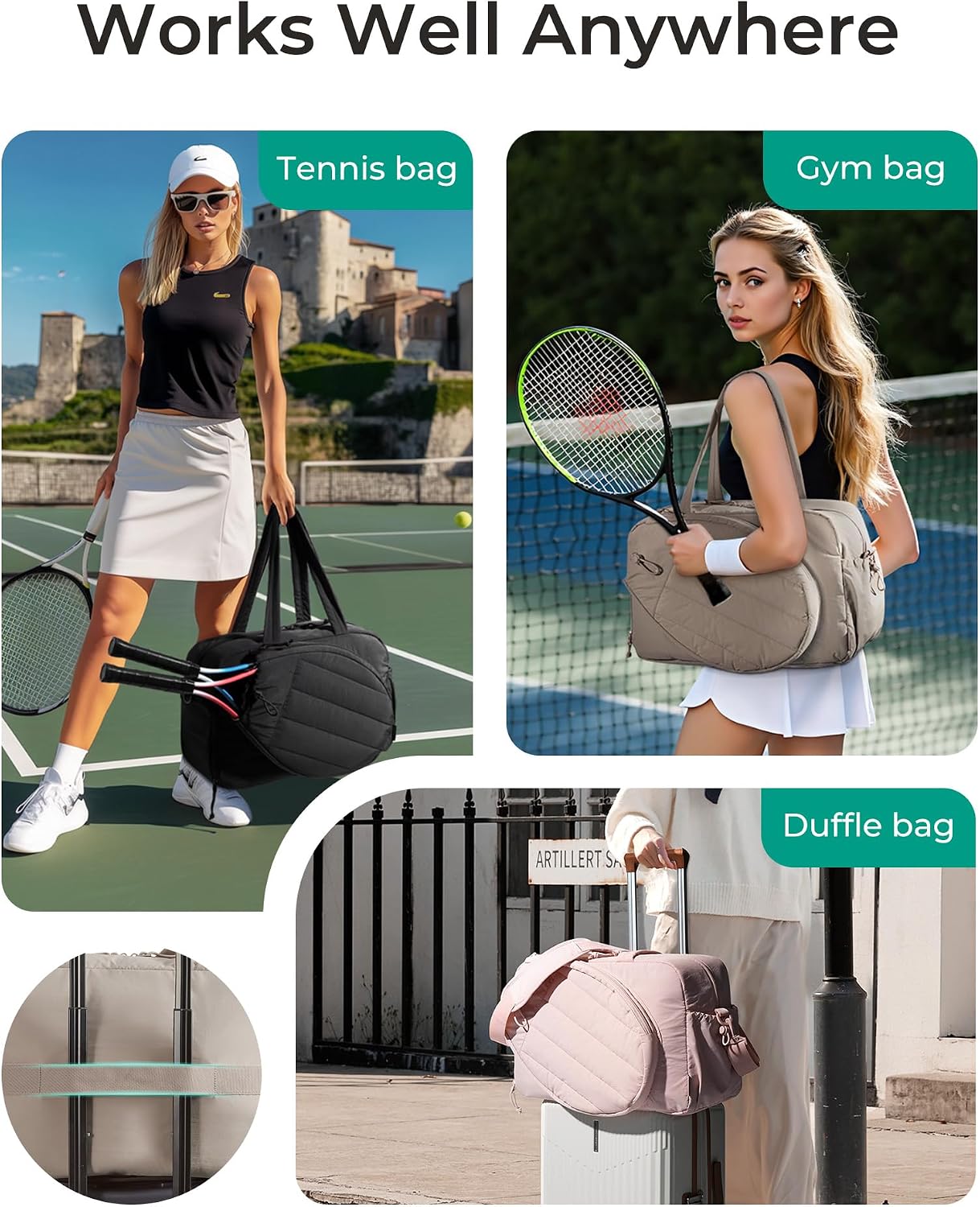 BAGSMART Tennis Gym Bag for Women, Tennis Backpack Holds 2 Rackets with Shoe Compartment, 15.6" Laptop Gym Backpacks for Court, Off-work, Everyday & Overnight Weekend - Image 3