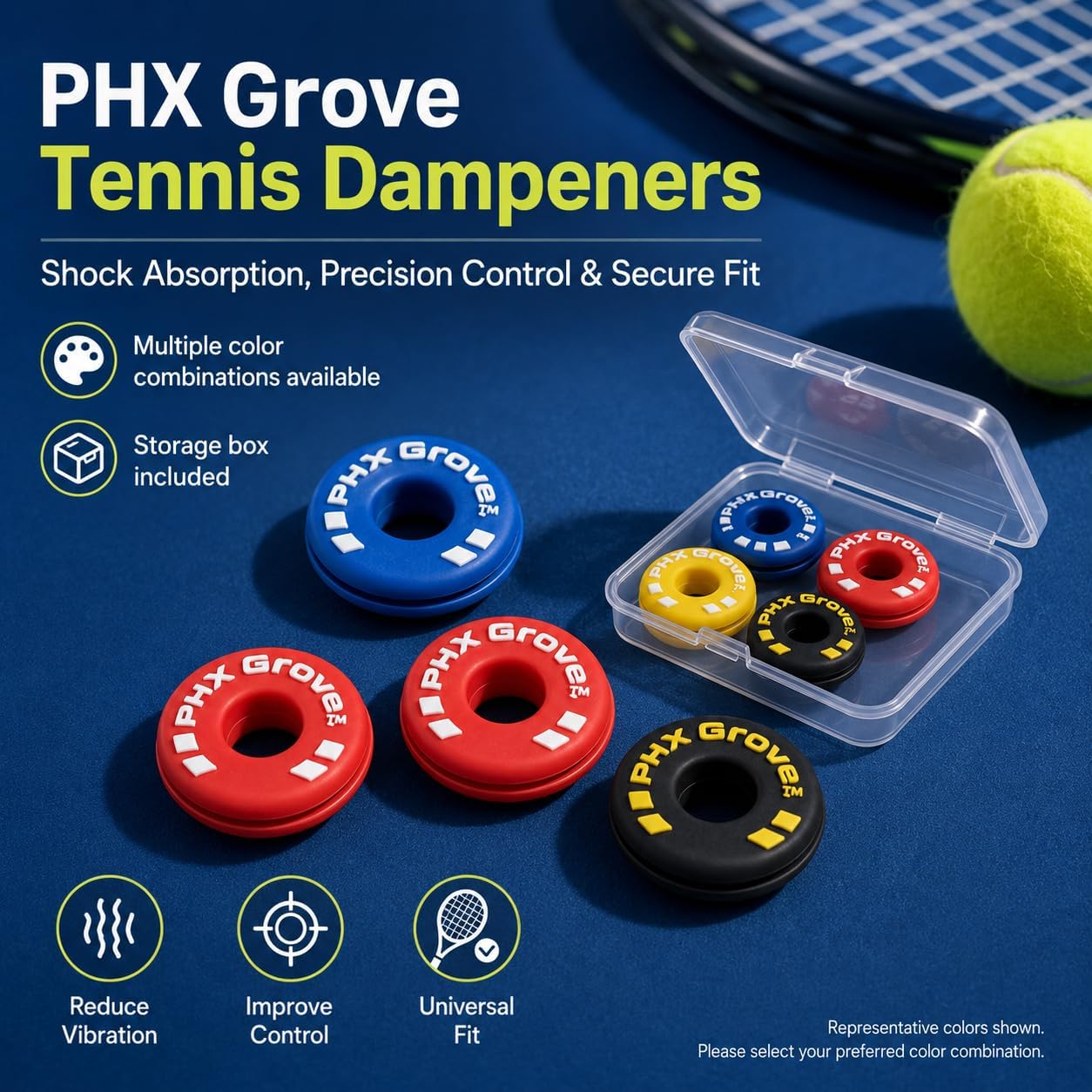 Tire-Shaped Tennis Dampener for Racket, Tennis Racket Vibration Dampener, Rubber Shock Absorber for Strings, Tennis Racquet Dampeners (Include Storage Box) - Image 2