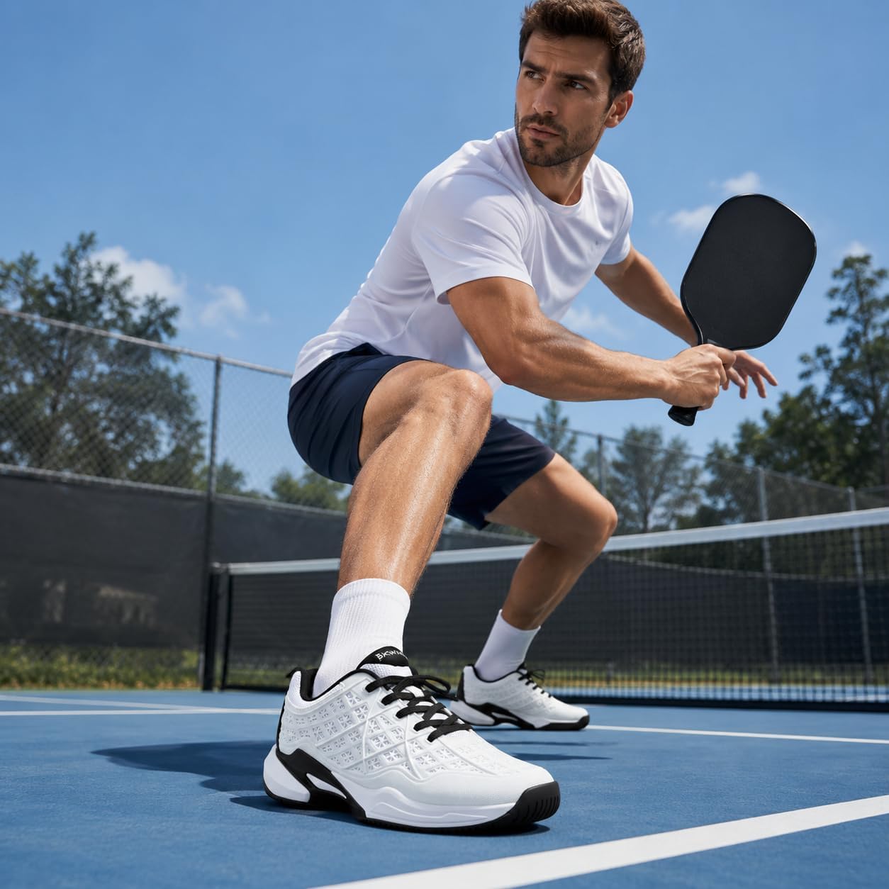 Pickleball Shoes Men Tennis Court Sneakers Indoor Outdoor Breathable Athletic Sports Lightweight Non Slip White/Black - Image 3