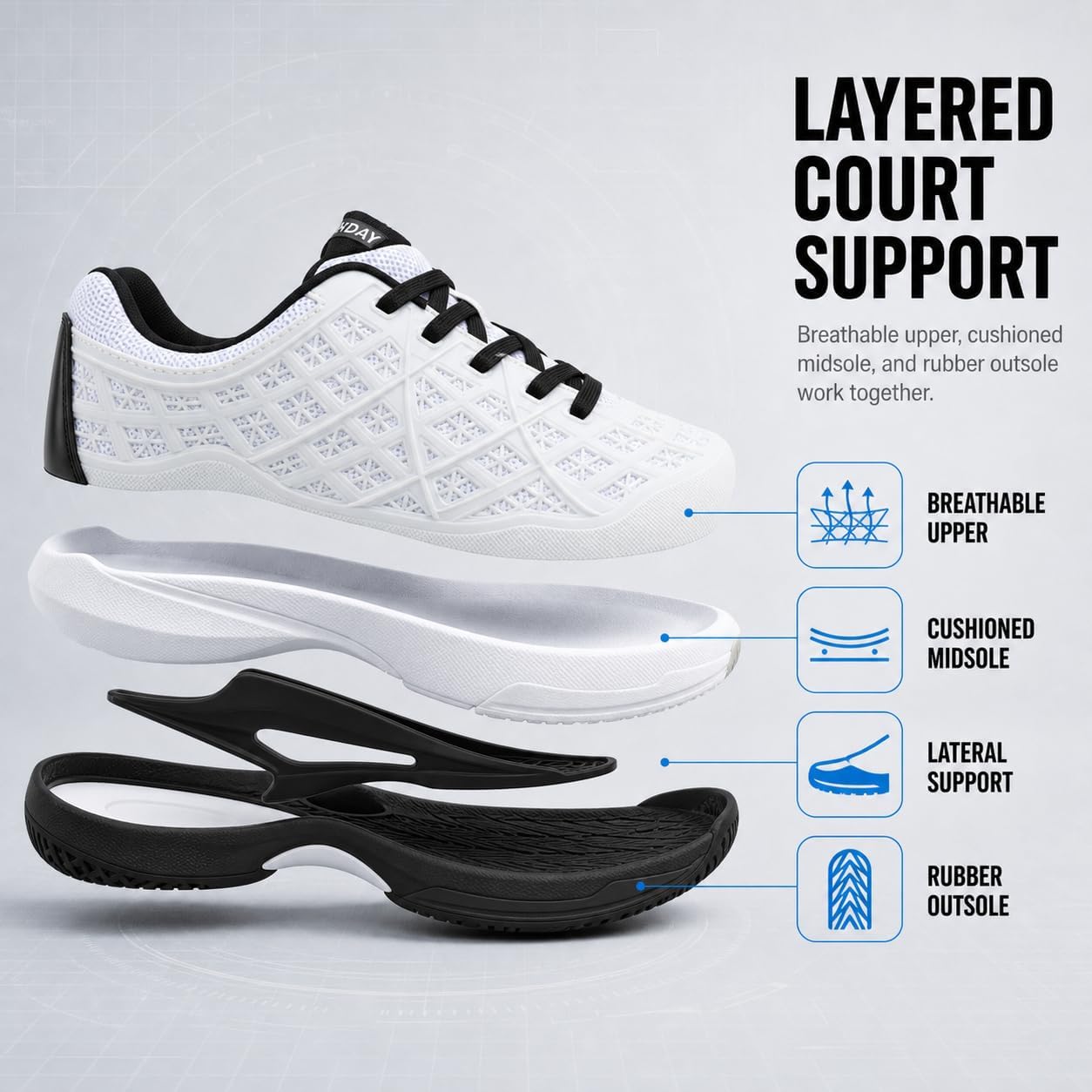 Pickleball Shoes Men Tennis Court Sneakers Indoor Outdoor Breathable Athletic Sports Lightweight Non Slip White/Black - Image 7