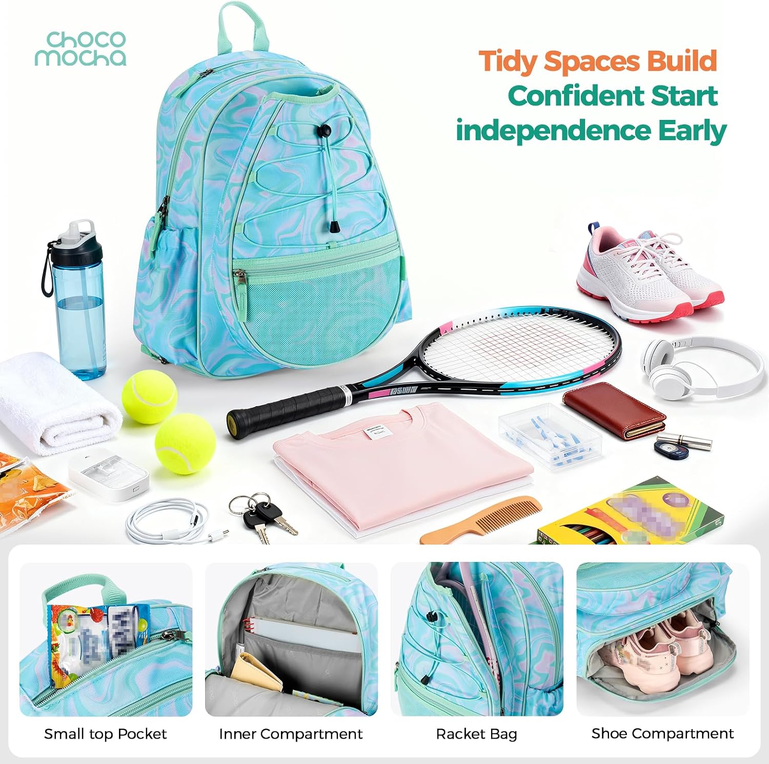 Choco Mocha Kids Tennis Bag, 16 Inch Youth & Junior Tennis Backpack with Shoe Compartment, Holds 2 Rackets (21–23 Inch) - Image 4