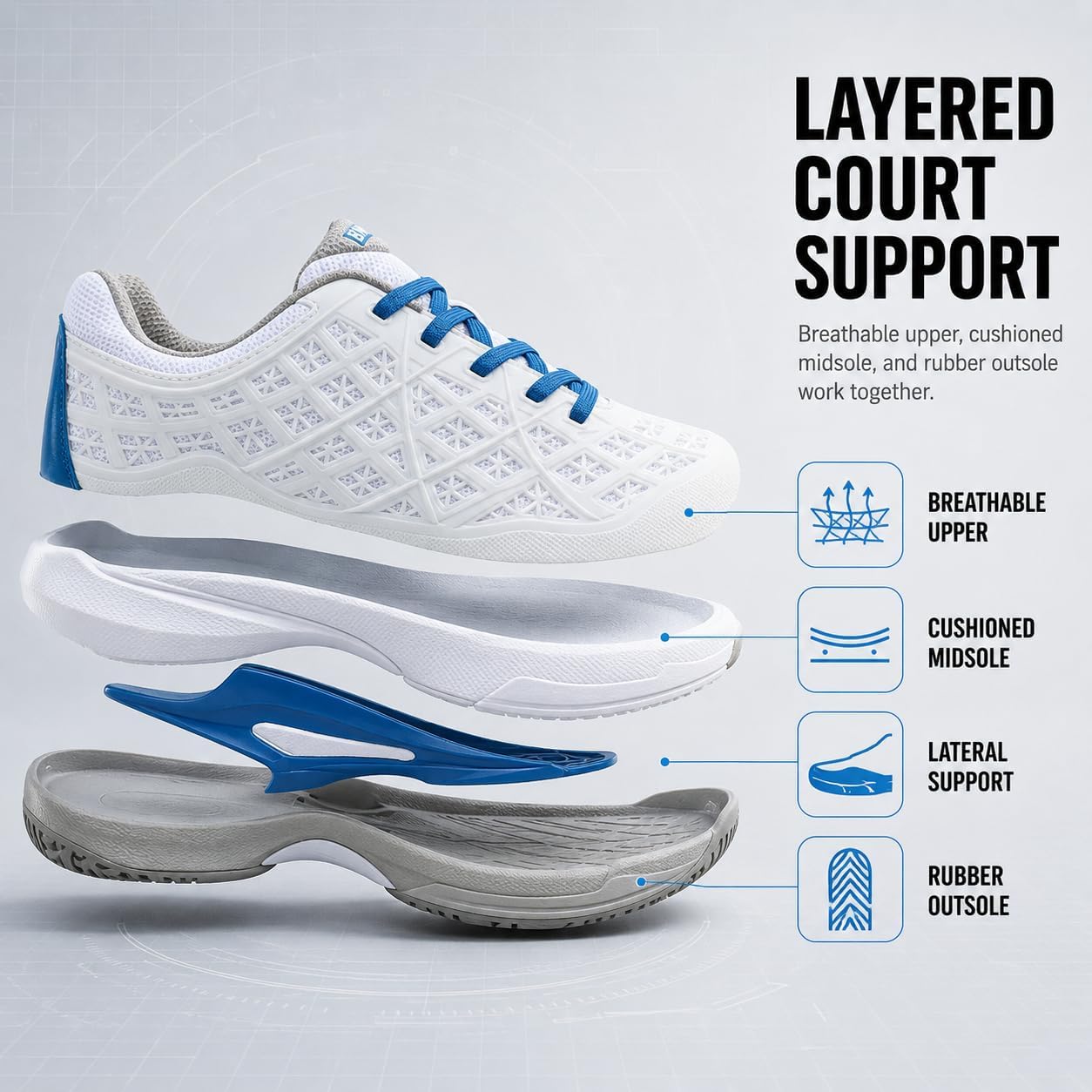 Pickleball Shoes Men Tennis Court Sneakers Indoor Outdoor Breathable Athletic Sports Lightweight Non Slip Whiteblue - Image 7
