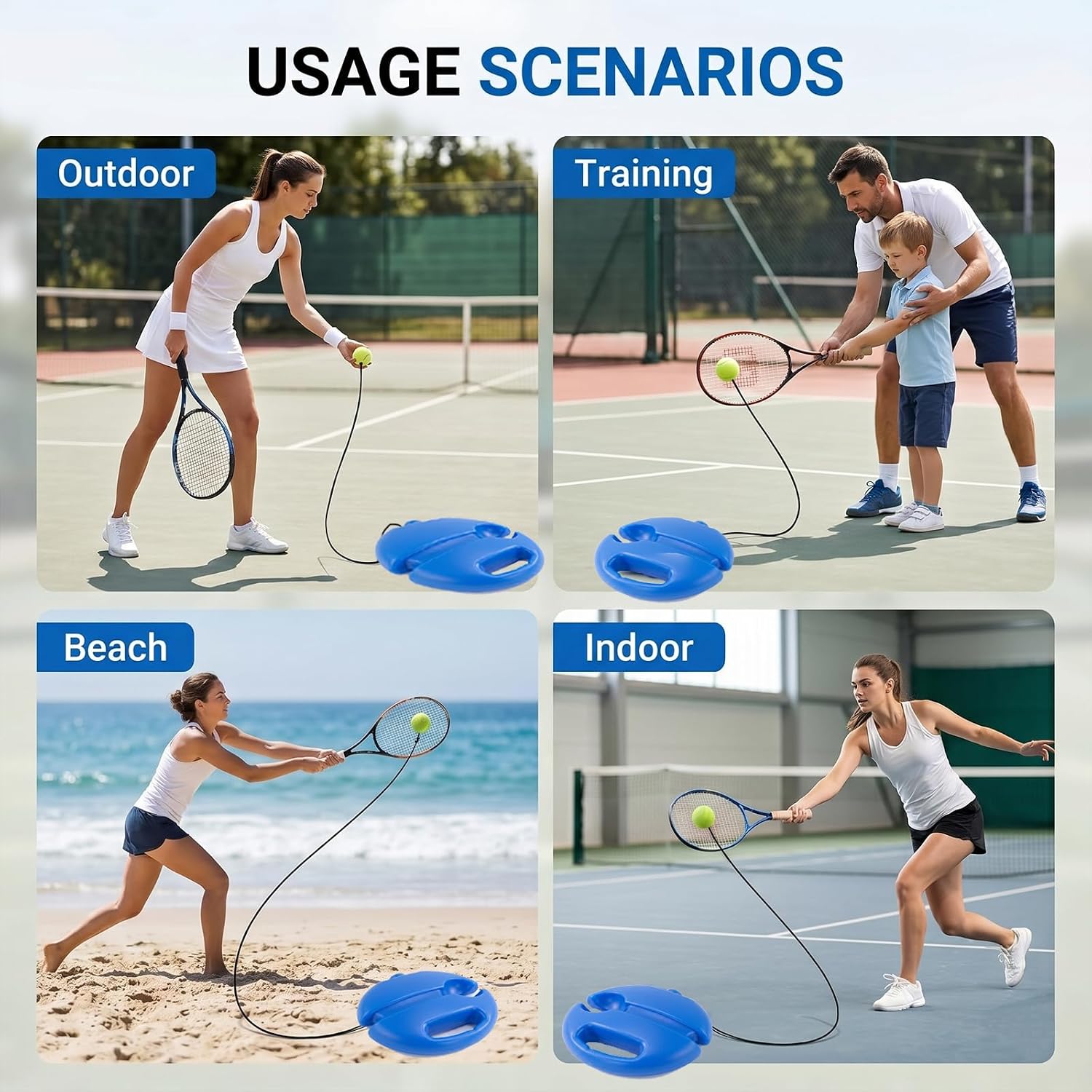 Tennis Trainer Rebound Ball with String, Solo Practice Trainer for Beginners & Adults, Portable Tennis Training Equipment with Fillable Base, Anti-Tangle Design, 3 Balls & Mesh Bag-Blue - Image 3