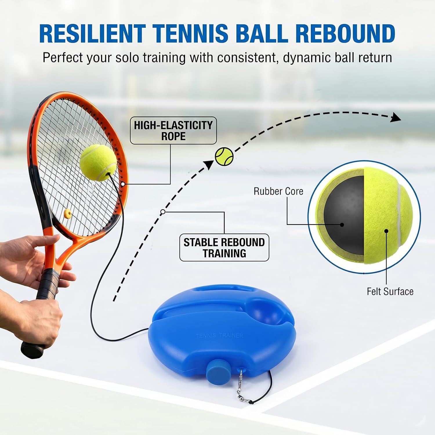 Tennis Trainer Rebound Ball with String, Solo Practice Trainer for Beginners & Adults, Portable Tennis Training Equipment with Fillable Base, Anti-Tangle Design, 3 Balls & Mesh Bag-Blue - Image 5