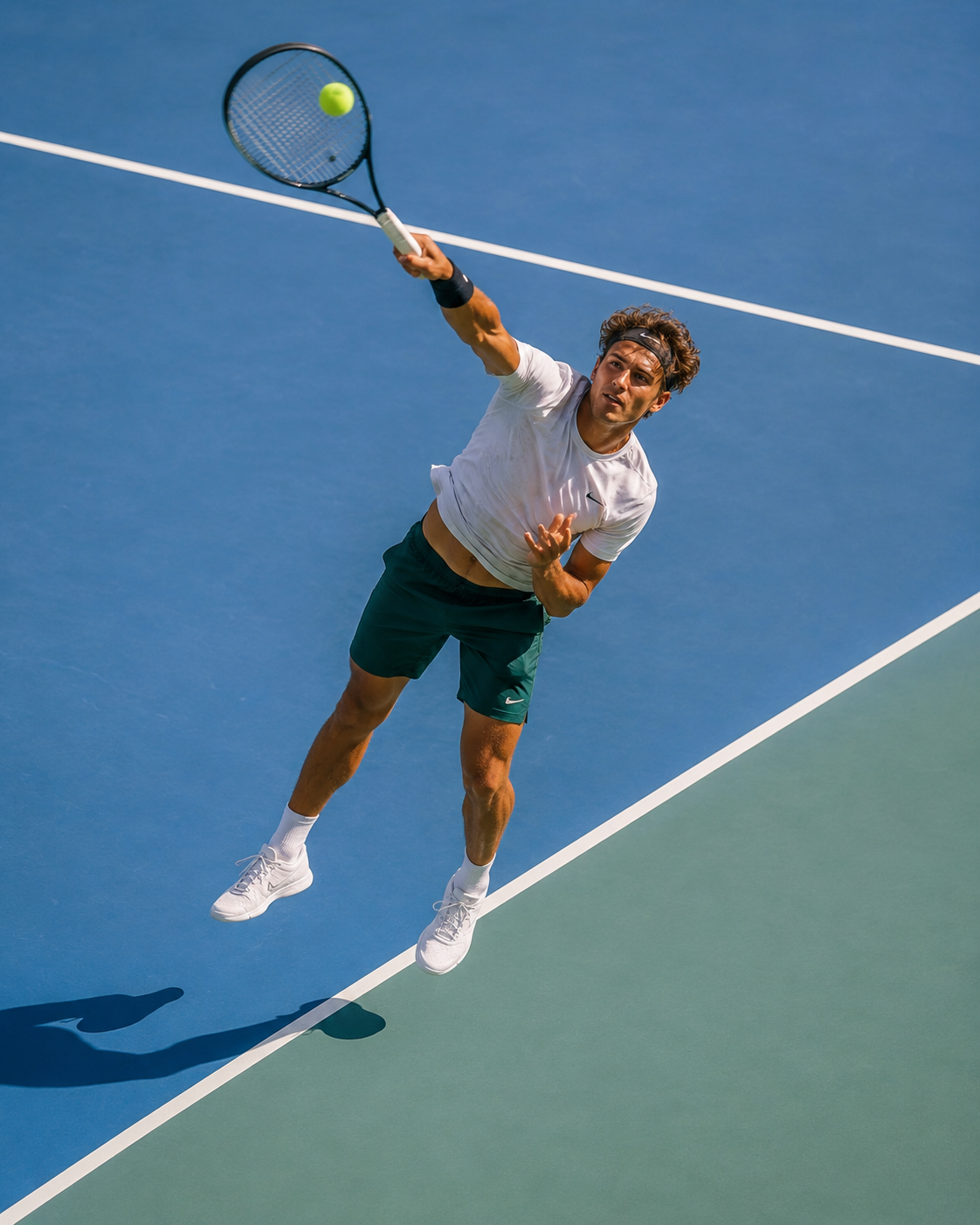 Tennis player serving on court