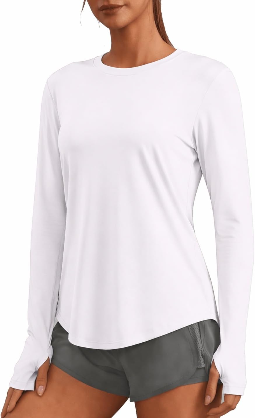 PINSPARK Soft Workout Tops for Women UPF 50+ Sun Protection Shirts with Thumb Holes Quick Dry Running Hiking Rash Shirt