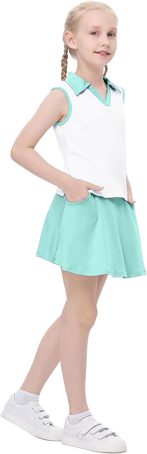 Kids Girls Tennis Golf Dress Outfit Sleeveless Dress with Pockets Athletic Skorts and Polo Tank Top Sets - Image 2