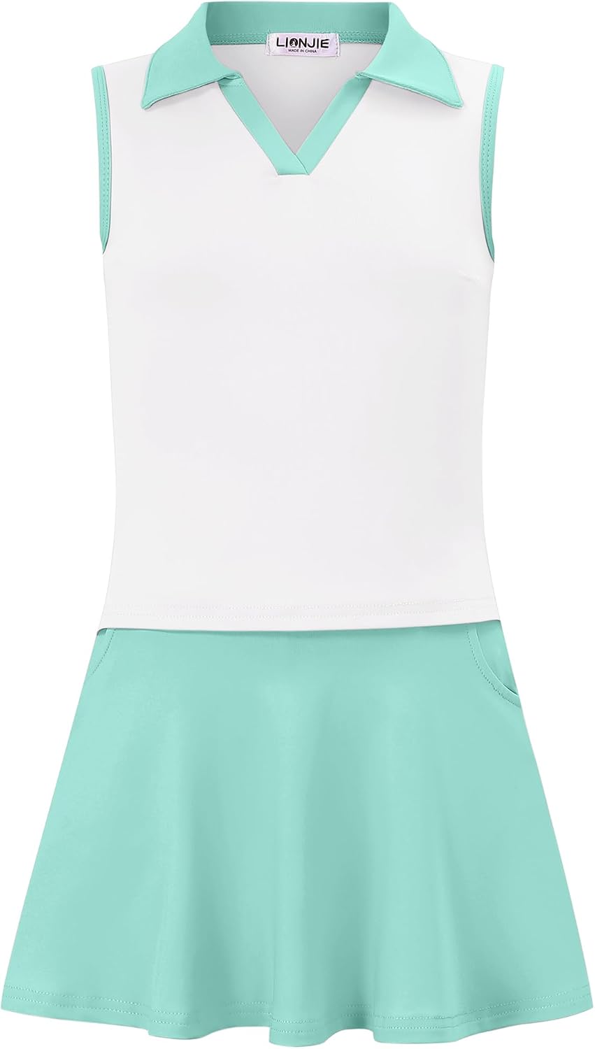 Kids Girls Tennis Golf Dress Outfit Sleeveless Dress with Pockets Athletic Skorts and Polo Tank Top Sets