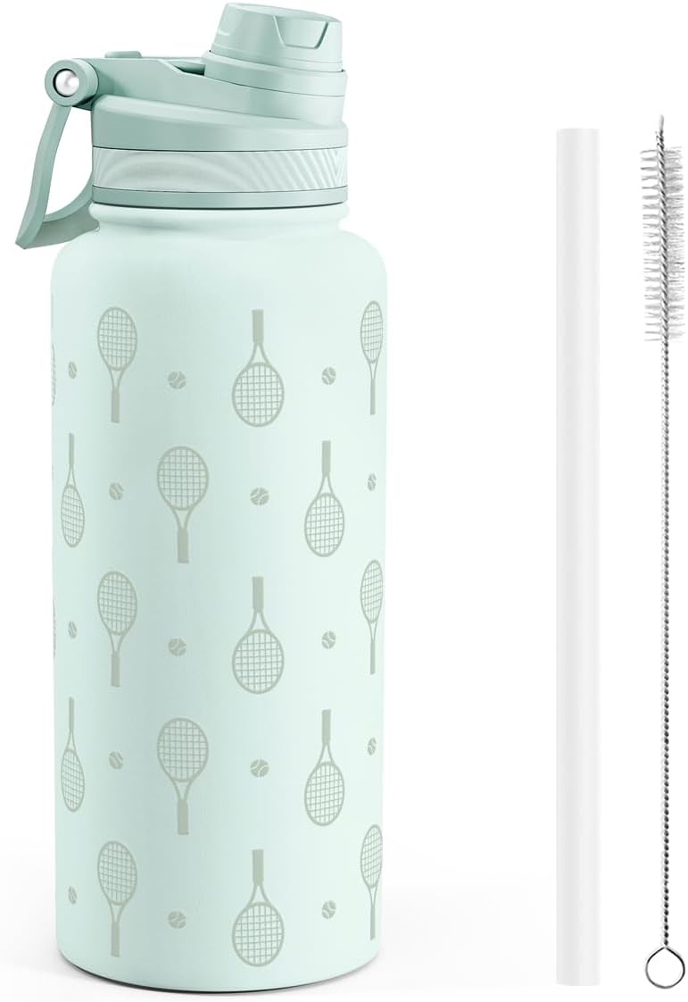 SANDJEST Tennis Stainless Steel Water Bottle with Strap 32oz, Insulated Bottles with Straw and Spout Lid for Gym Sports Travel Outdoor, Gifts for Women Girls Birthday Christmas