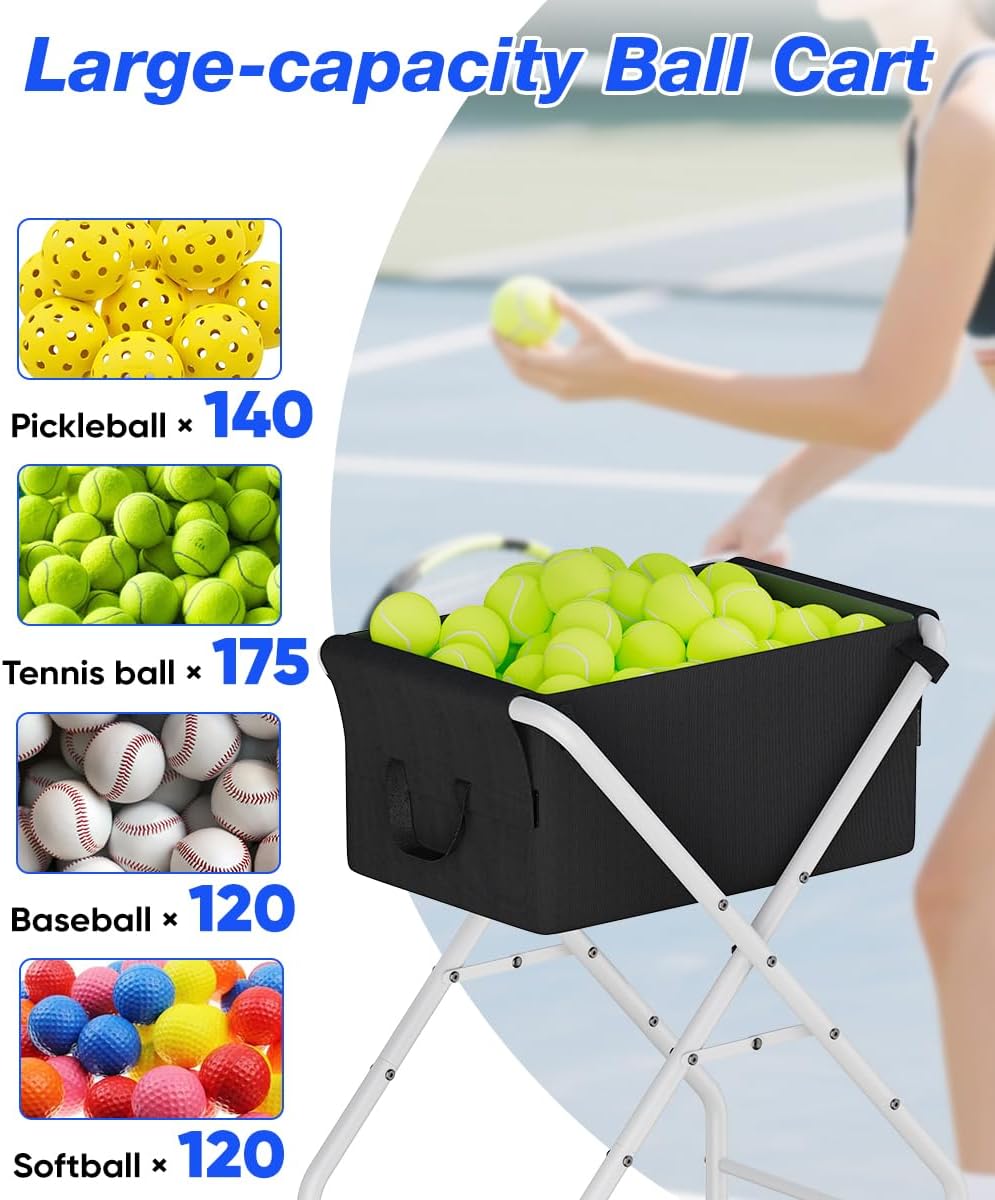 Tennis Ball Hopper Cart Holds 175 Tennis Balls or 140 Pickleballs, Portable Pickleball Collector Caddy with Wheels, Foldable Baseball Basket Holder for Court Training & Coaching - Image 5