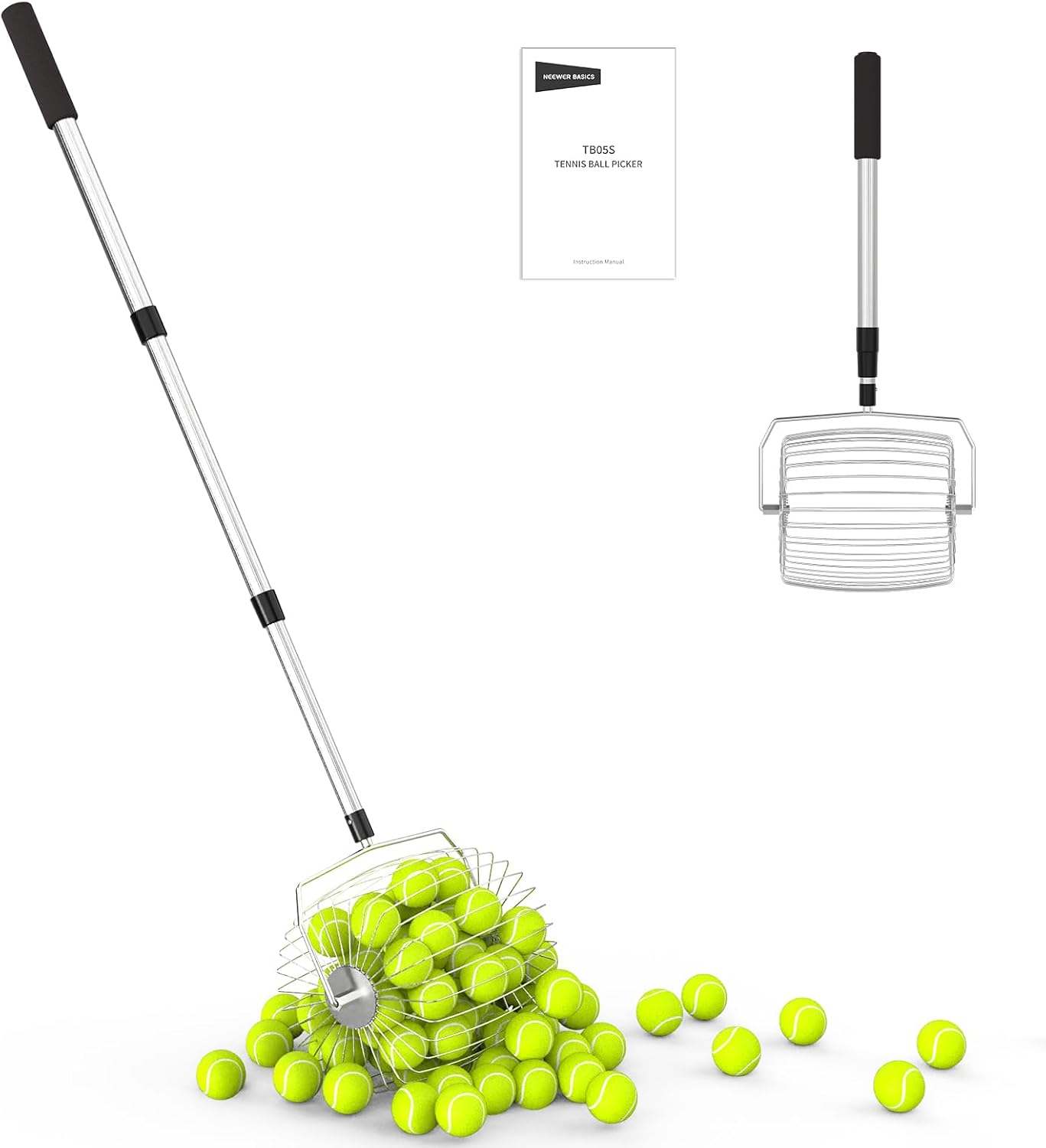 NEEWER Tennis Ball Pickleball Collector Roller, No Bending Over Quick Rolling Picker for Up to 40 Tennis Balls