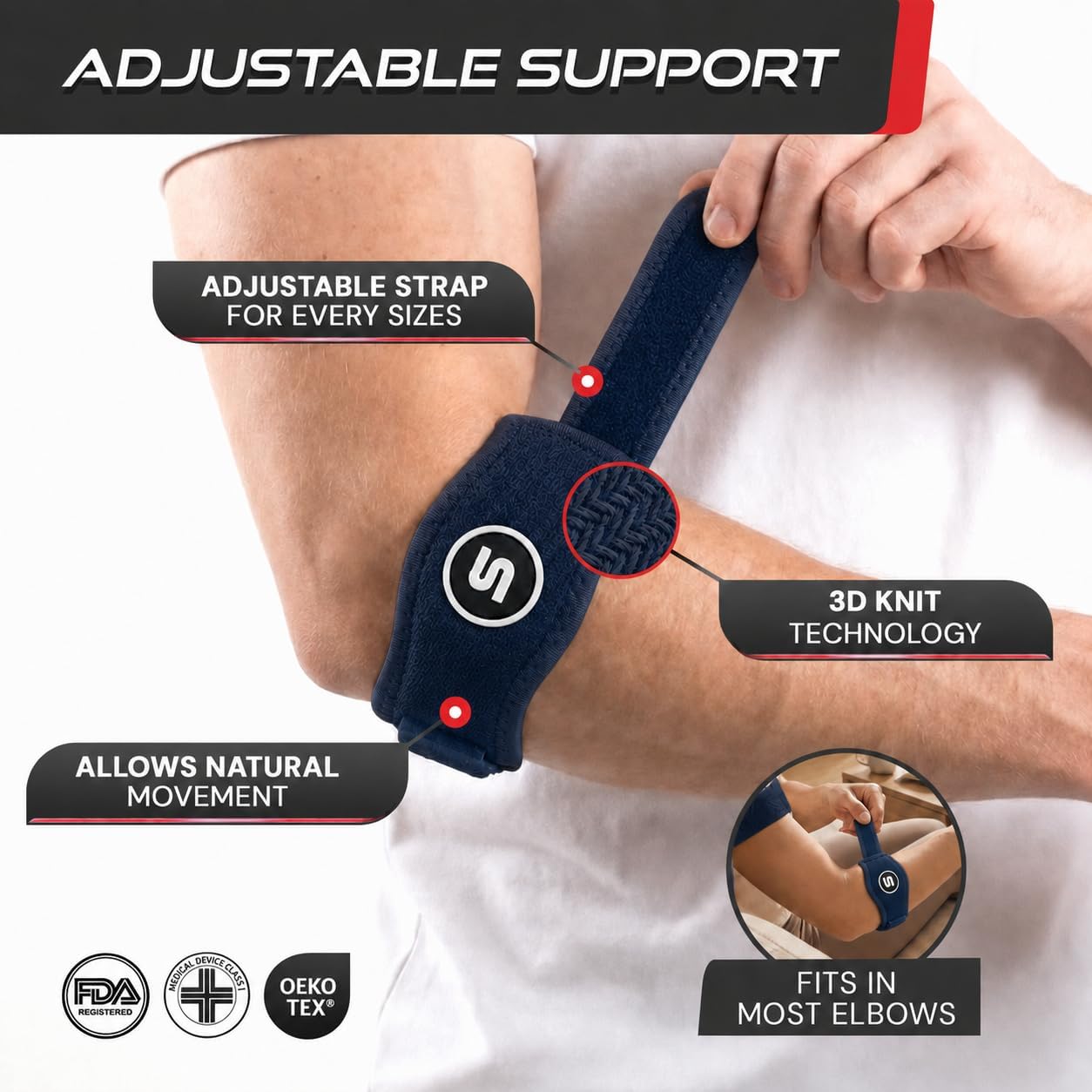 Sleeve Stars Tennis Elbow Brace for Men & Women, Elbow Brace for Tendonitis, Tennis Elbow Strap, Golfers Elbow Brace, Elbow Support Wrap for Tennis Elbow Relief, Fits 9"-23" (Single/Navy Blue) - Image 3