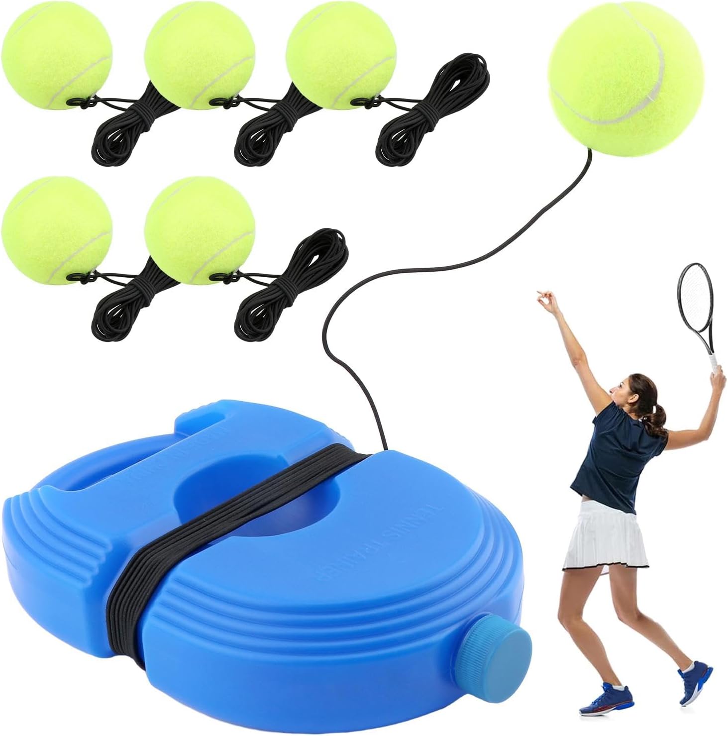Tennis Trainer with Rebound Ball, Portable Self-Study Practice Kit Includes 6 Tennis Balls & 1 Base, Durable PE Plastic Design for Outdoor Backyard Court Training