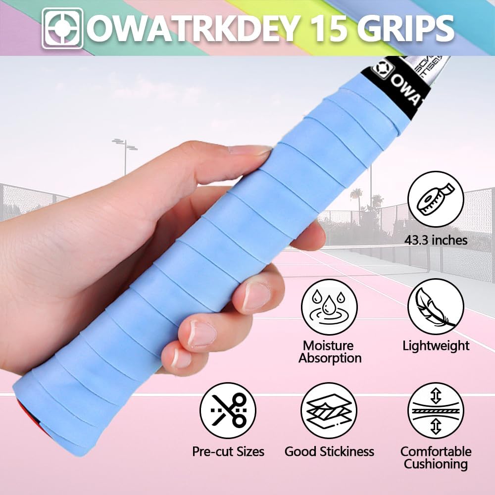 15 Pack Tennis Racket Grip Tape, Precut PU Anti-Slip Tennis Racquet Grip Tape with Dry Feel, Sweat Absorption, Comfortable Handle Overgrip Grip Wrap for Tennis/Badminton/Pickleball - Image 2