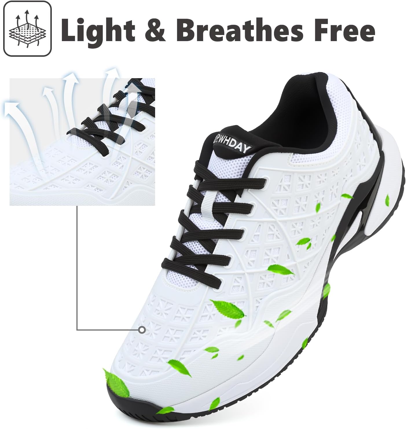 Pickleball Shoes Men Tennis Court Sneakers Indoor Outdoor Breathable Athletic Sports Lightweight Non Slip White/Black - Image 7