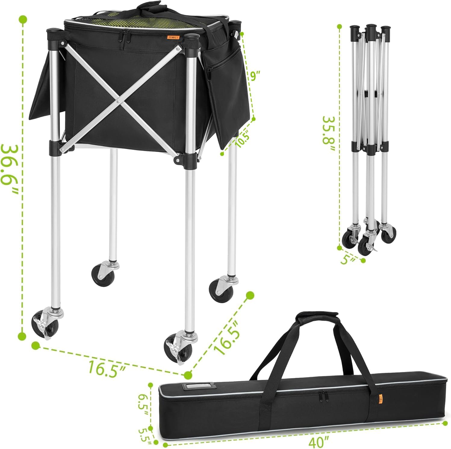 Foldable Tennis Ball Cart Holds 180 Balls Wheeled Tennis Ball Hopper Sports Teaching Carts with Storage Bag, Light Auminum Alloy - Image 4