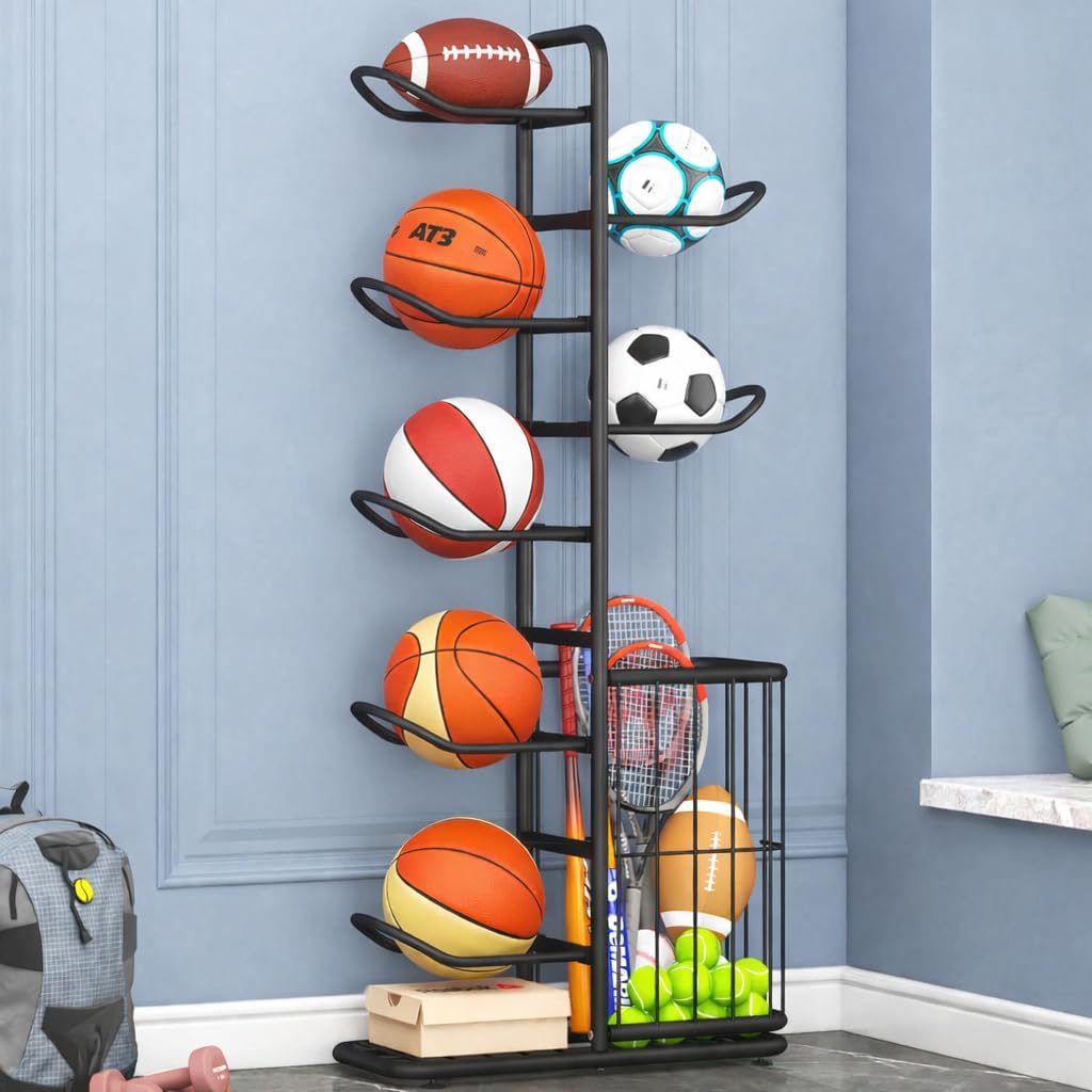 7-Ball Sports Equipment Storage Rack with Ball Holder, Ideal for Garage or Indoor Use - Organize Toys, Sports Gear and More, 57.5" (Black)