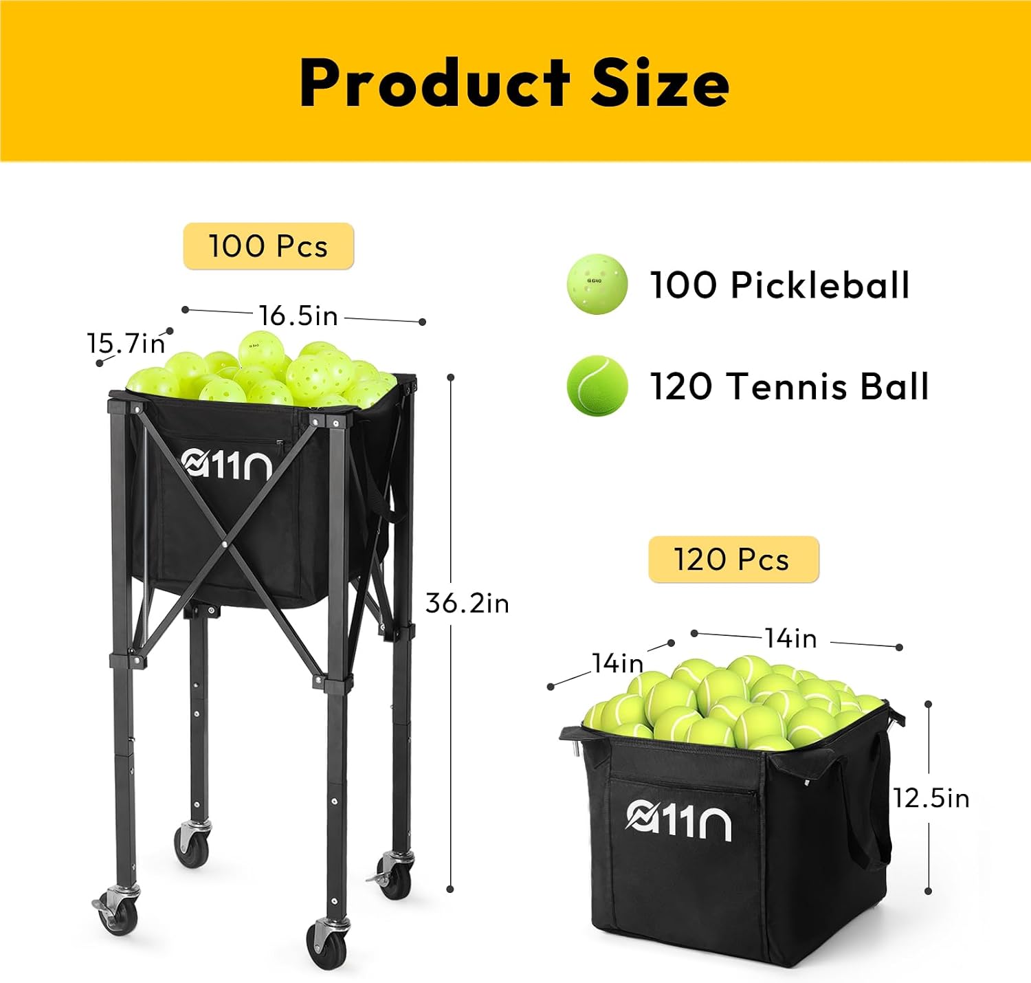 A11N Pickleball Tennis Ball Hopper - Sturdy Large Capacity Tennis Ball Basket Holds 120 Balls, Upgraded Pickleball Caddy Practice Equipment/Multifunction Pockets and Wheels for Training/Teaching - Image 3