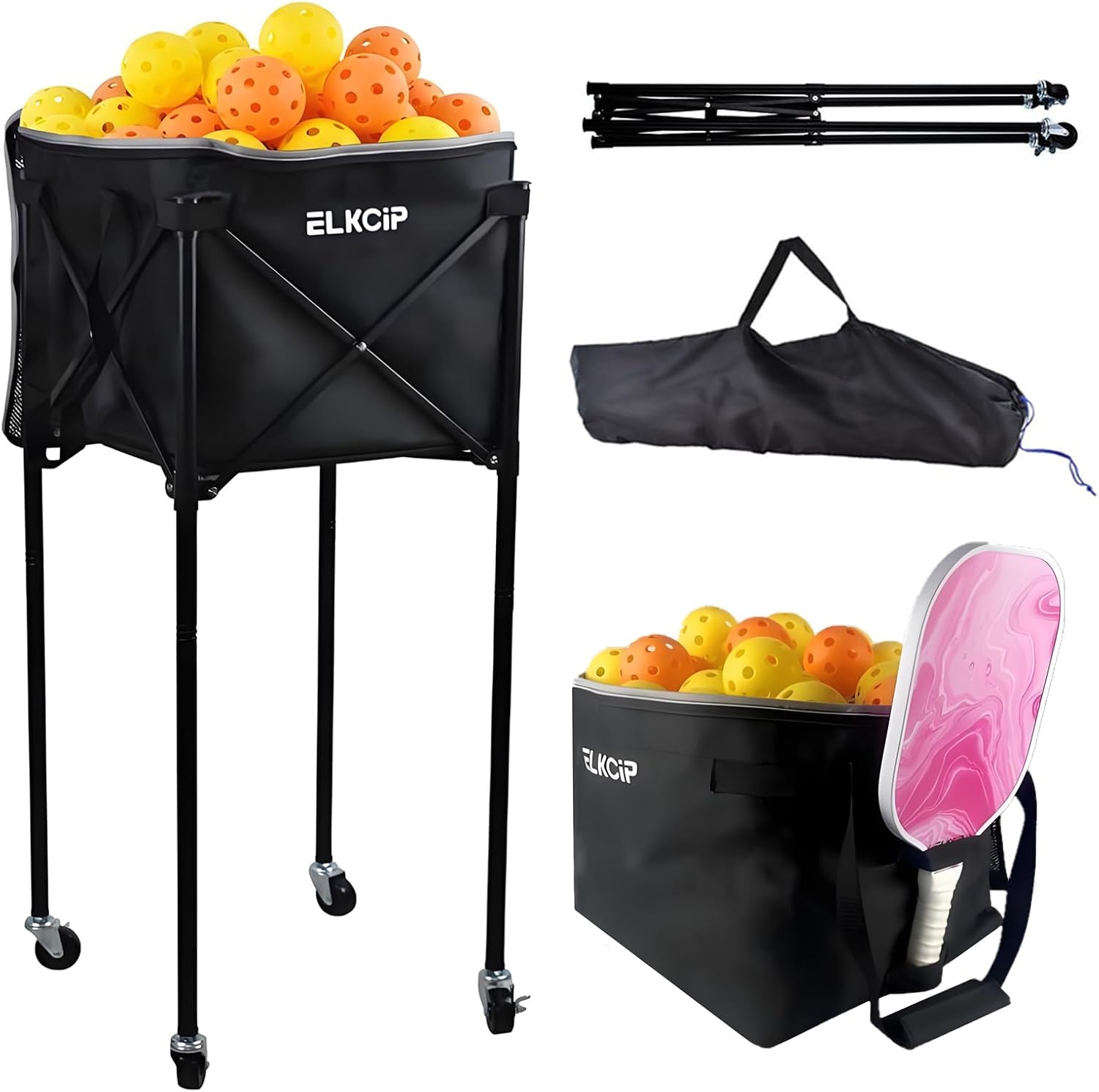 Portable Pickleball & Tennis Ball Hopper with Wheels, Foldable Sports Balls Teaching Cart, Lightweight Softball Caddy, Large Capacity Baseball Basket Carrier for Training