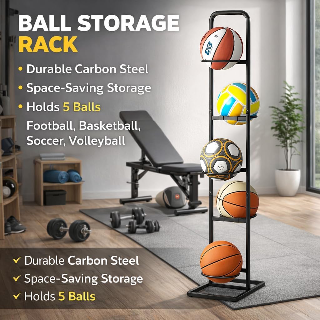 Vertical Ball Storage Rack - Adjustable 5-Tier Sports Organizer Stand for Basketball, Soccer, Volleyball and More(56.7inches) - Image 7