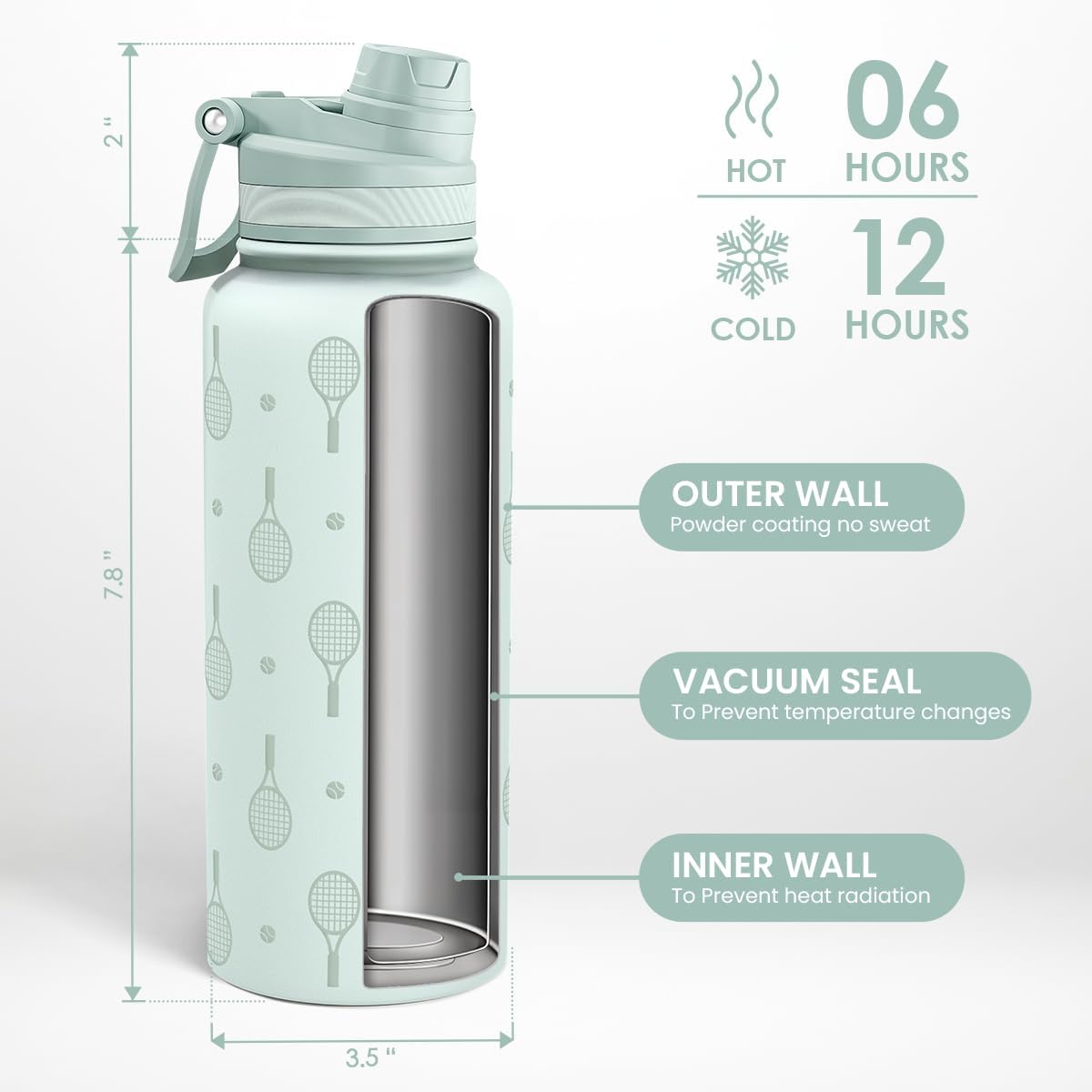 SANDJEST Tennis Stainless Steel Water Bottle with Strap 32oz, Insulated Bottles with Straw and Spout Lid for Gym Sports Travel Outdoor, Gifts for Women Girls Birthday Christmas - Image 3