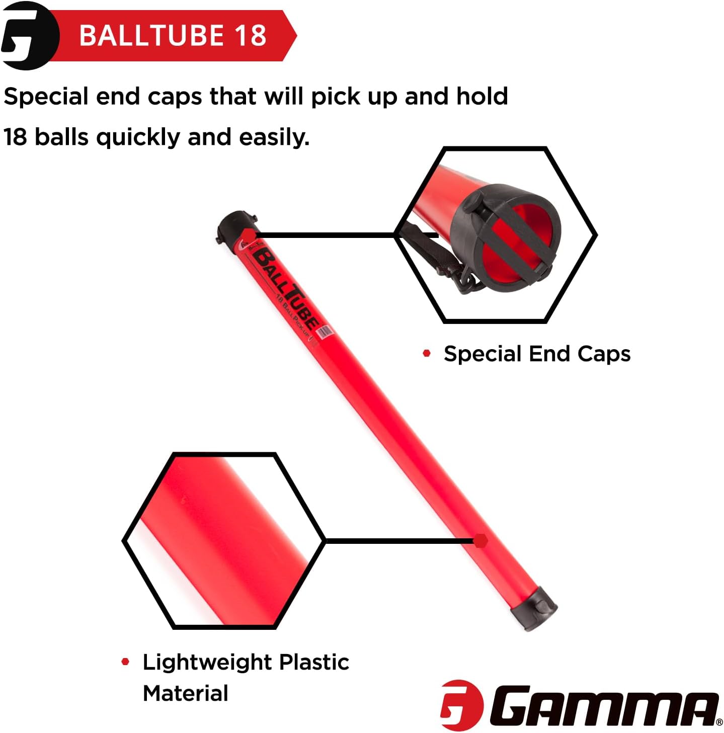 Gamma Sports Tennis Ball Tube Pickup – 18-Ball Capacity with Carry Strap and Durable Rubber End Caps with Fence Clips – Quick Court Cleanup Tool for Players, Coaches & Instructors - Image 4