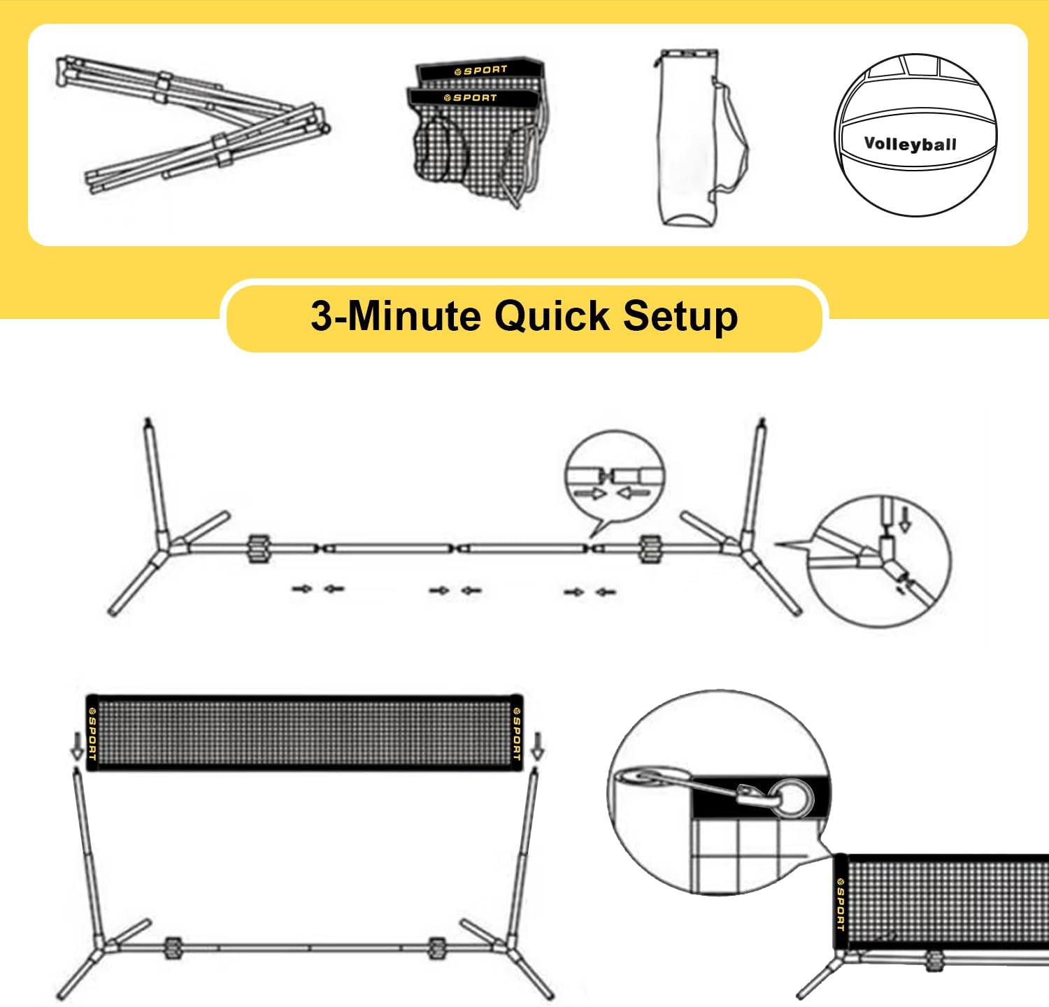 10 FT Mini Portable Tennis Net for Teenagers with Rubber Volleyball, with Pump and Carry Bag, Adjustable Height 2.7FT-5.1FT for Badminton Net, Volleyball Net,Soccer Net,Pickleball Net - Image 4