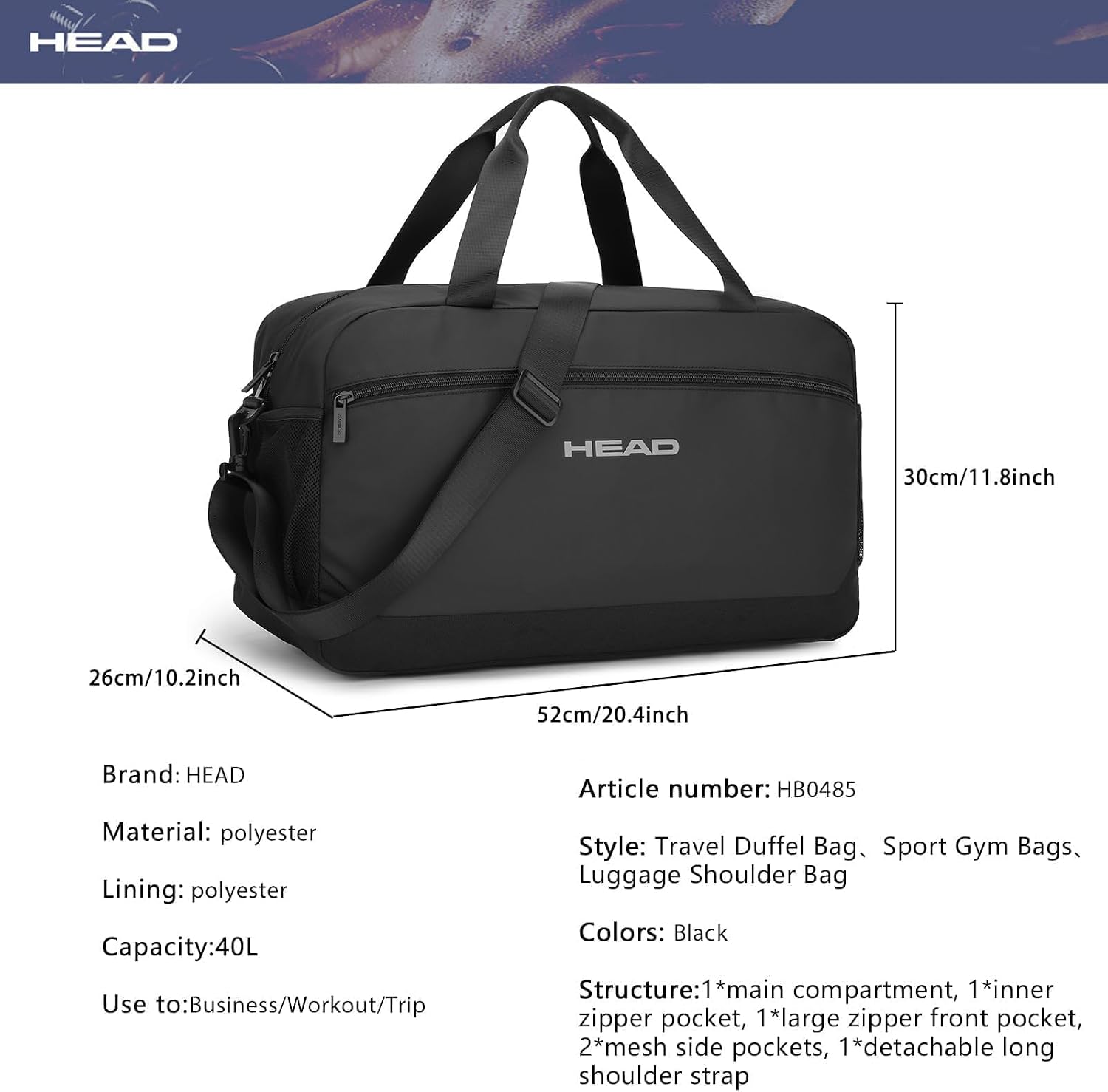 HEAD 40L Waterproof Duffel Bag, Large Lightweight Gym Bag for Men, Durable Sports Duffle for Fitness/Workout, Versatile Weekender Overnight Bag for Business Travel, Black - Image 4