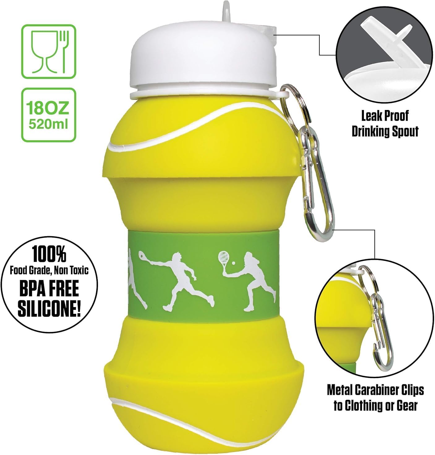 Maccabi Art Clip-On Collapsible BPA-Free Silicone Tennis Ball Water Bottle for Kids, 18 Oz. Size - Image 4