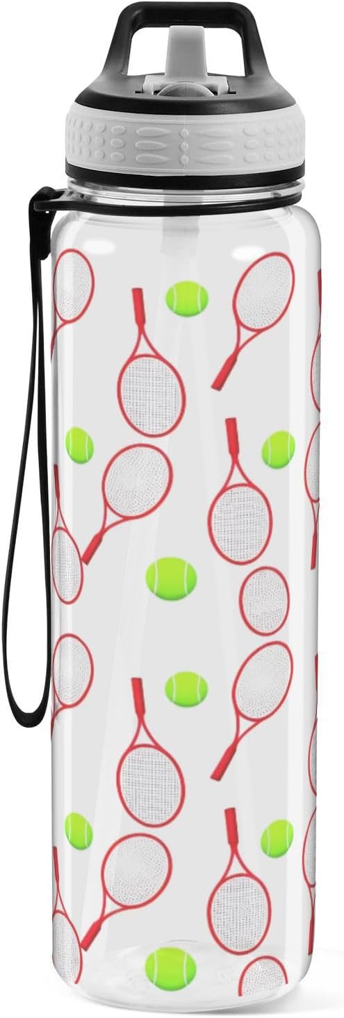 Tennis Balls Clear Water Bottle 32 Oz, Tritan Plastic Water Bottle with Straw, BPA-Free, Wide Mouth Leakproof Sports Water Bottles - Image 2
