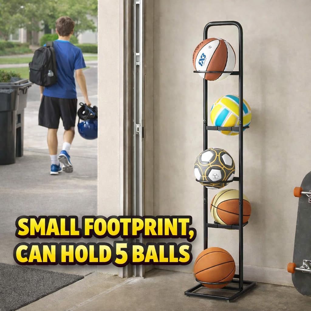 Vertical Ball Storage Rack - Adjustable 5-Tier Sports Organizer Stand for Basketball, Soccer, Volleyball and More(56.7inches) - Image 6