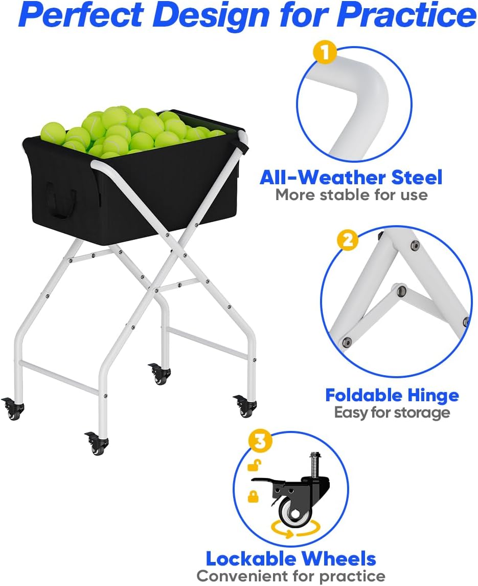 Tennis Ball Hopper Cart Holds 175 Tennis Balls or 140 Pickleballs, Portable Pickleball Collector Caddy with Wheels, Foldable Baseball Basket Holder for Court Training & Coaching - Image 3