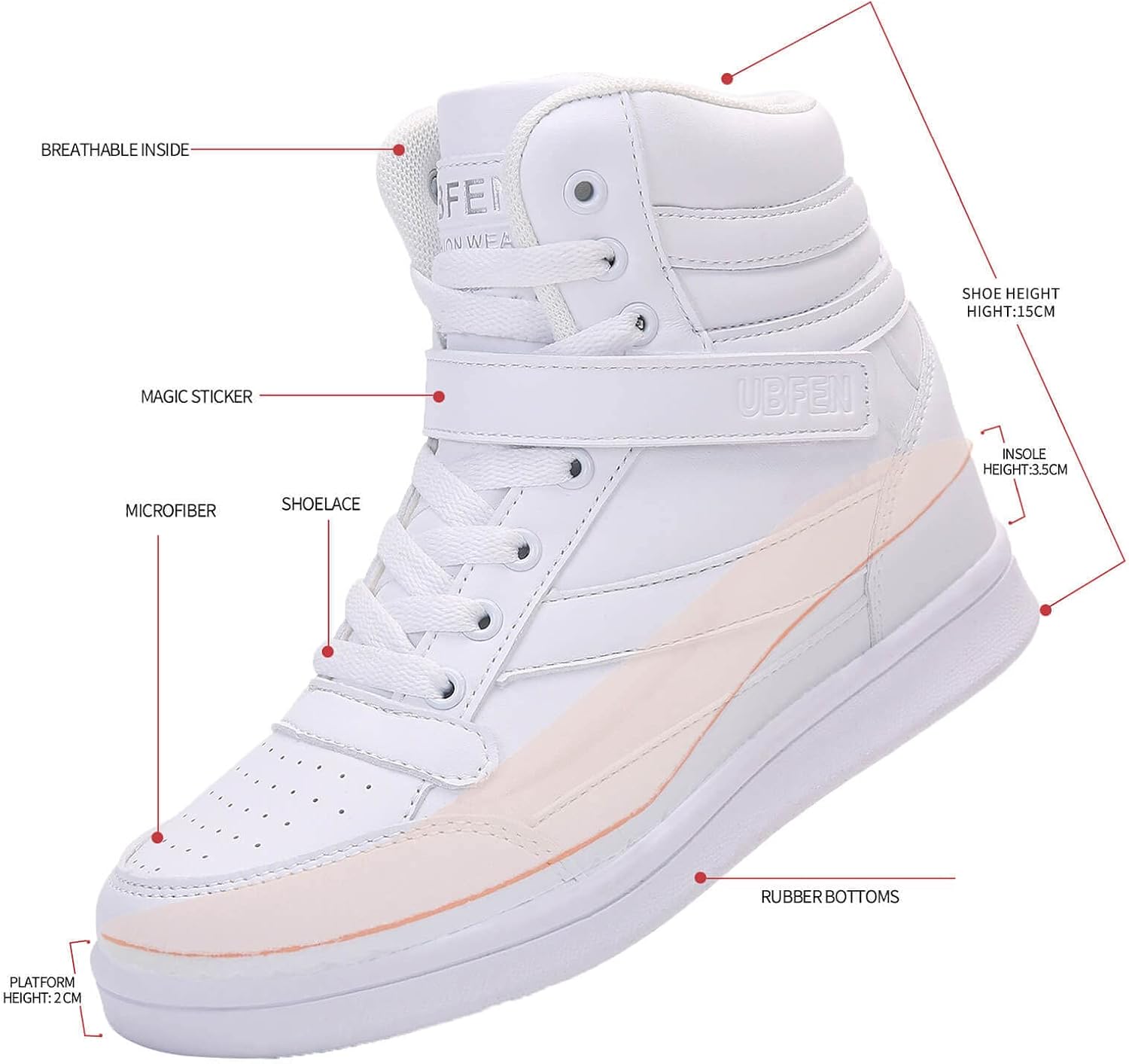 UBFEN Womens High Top Sneakers with Hidden Wedge Heel Ankle Support 2 Inch Height Increase 80s Retro Casual Boots - Image 4