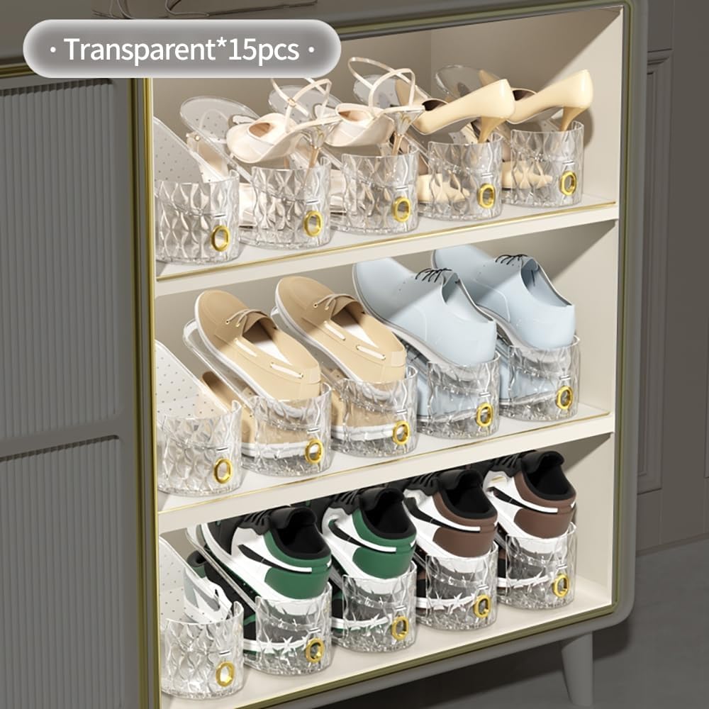 Shoe Slots Organizer, 15 Pack - Adjustable Shoe Stacker for Closet Storage, Clear Double Layer Space Saver, Durable and Stackable Shoe Holder for Sneakers Heels and Flat - Image 5