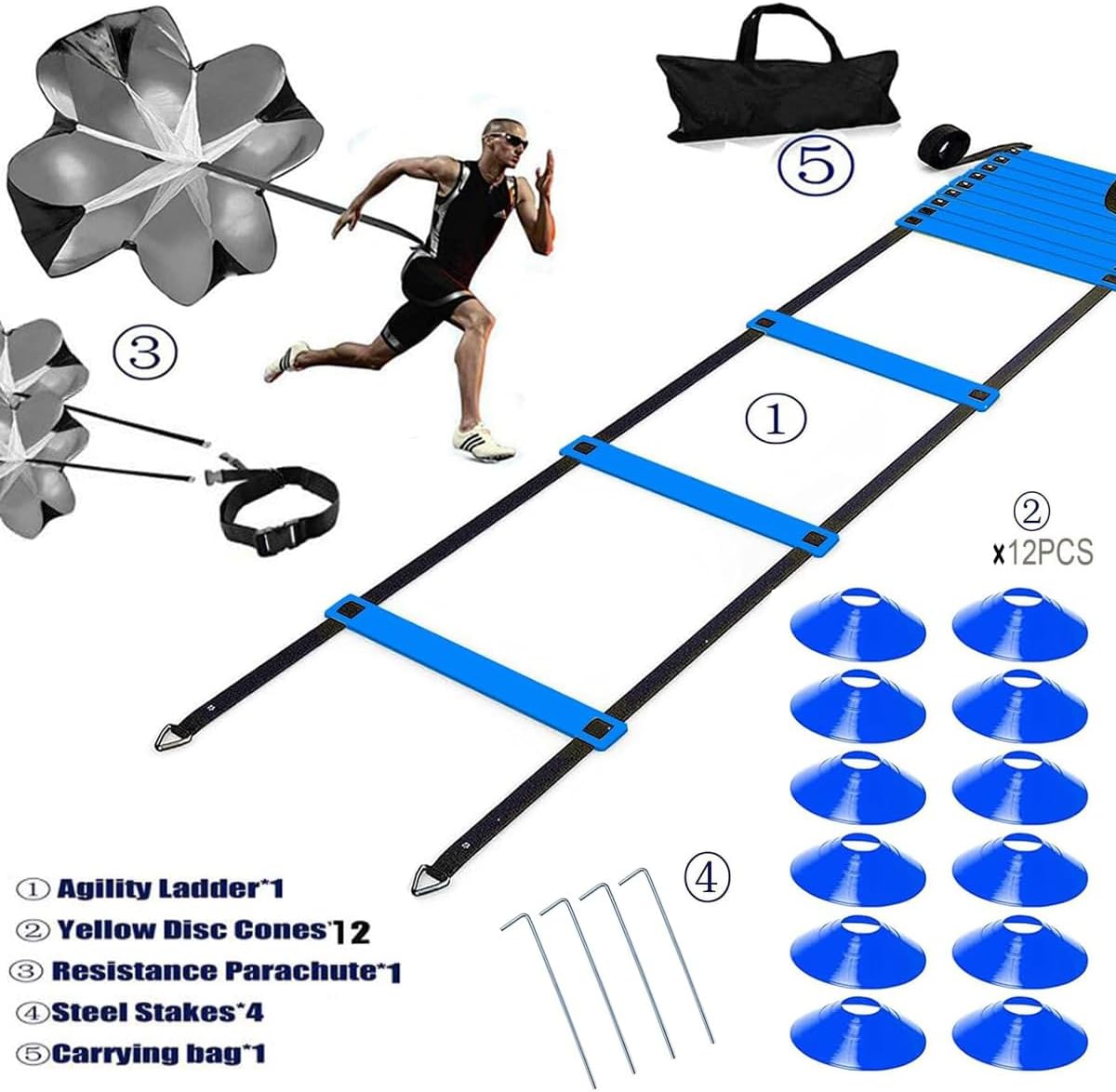 20ft Sports Agility Ladder, Agility Training Equipment for Football, Exercise, Tennis, Legs Workout with Speed Parachute, Cones and Carry Bag - Image 2