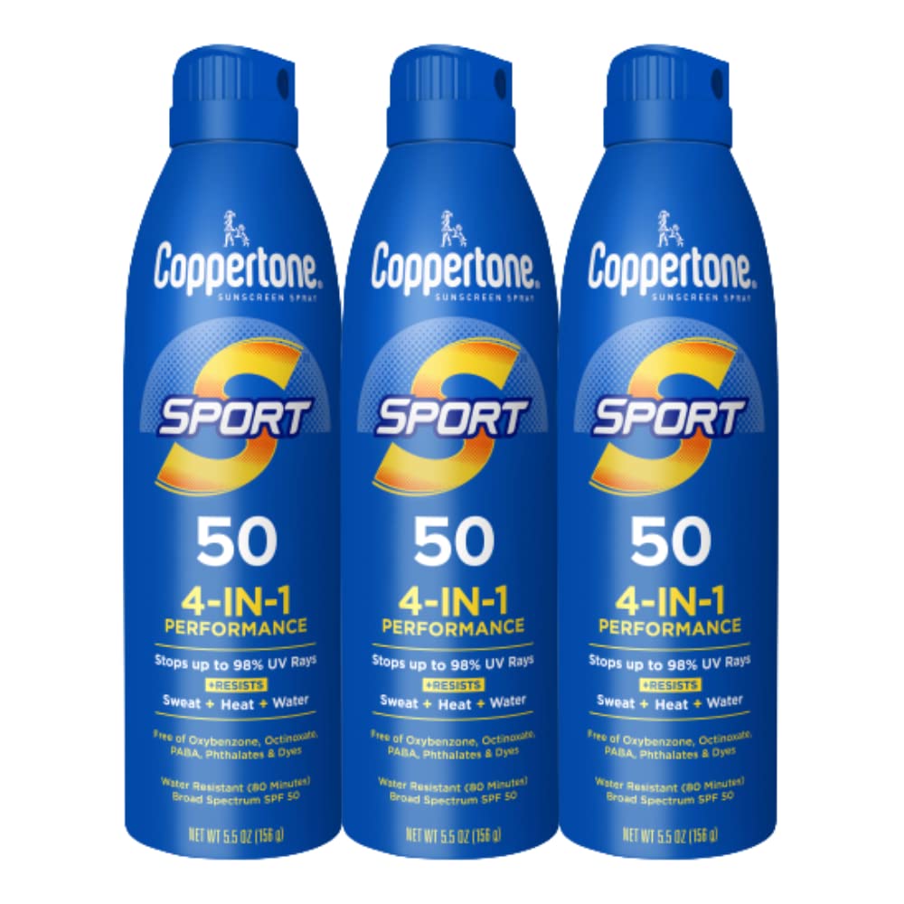 Coppertone Sport Sunscreen Spray SPF 50, Sweat, Heat and Water Resistant Sunblock, Lightweight, Oxybenzone Free, Spray Sunscreen Bulk Pack, 5.5 Oz Bottle, Pack of 3
