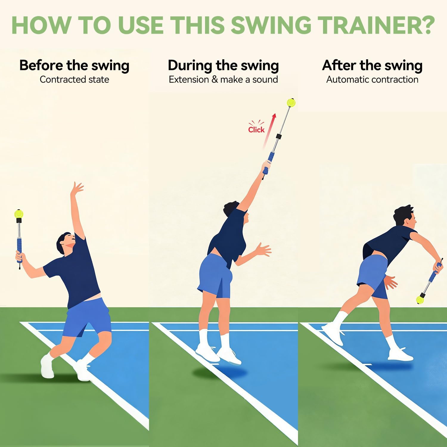 Tennis Swing & Serve Trainer, Retractable Click Feedback Training Tool, Improve Rhythm and Fluidity of Serve, Forehand, Backhand, Smash, Slice, Warm Up Stick for Indoor & Outdoor Practice - Image 2