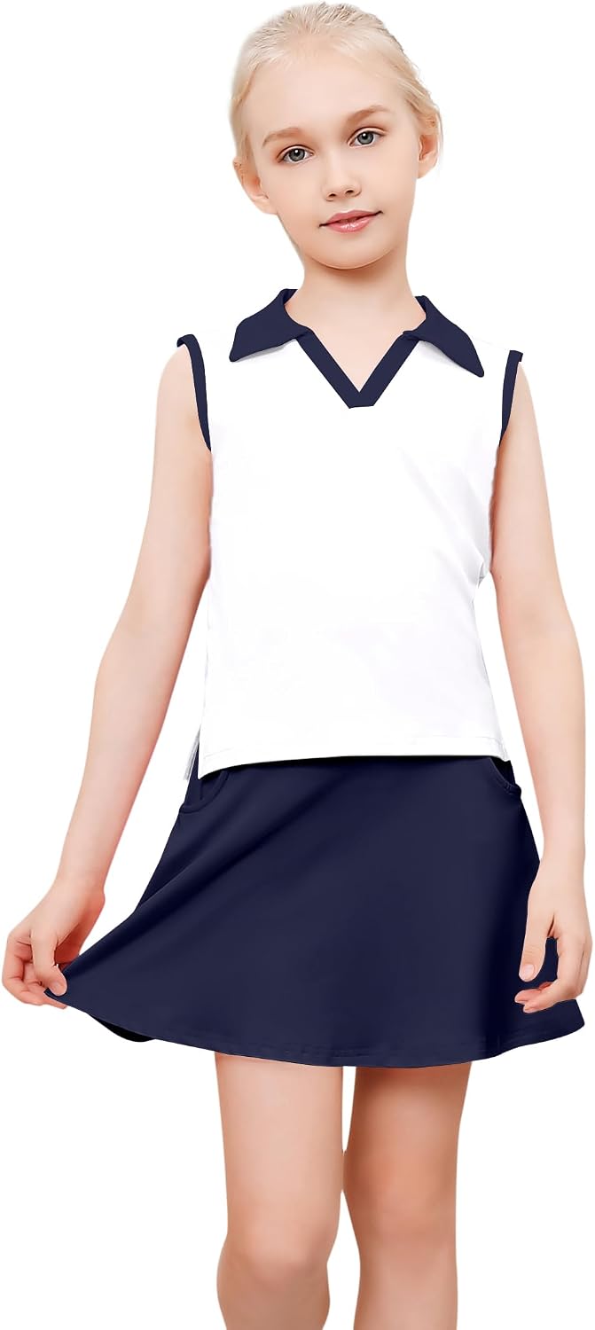 Kids Girls Tennis Golf Dress Outfit Sleeveless Dress with Pockets Athletic Skorts and Polo Tank Top Sets - Image 2