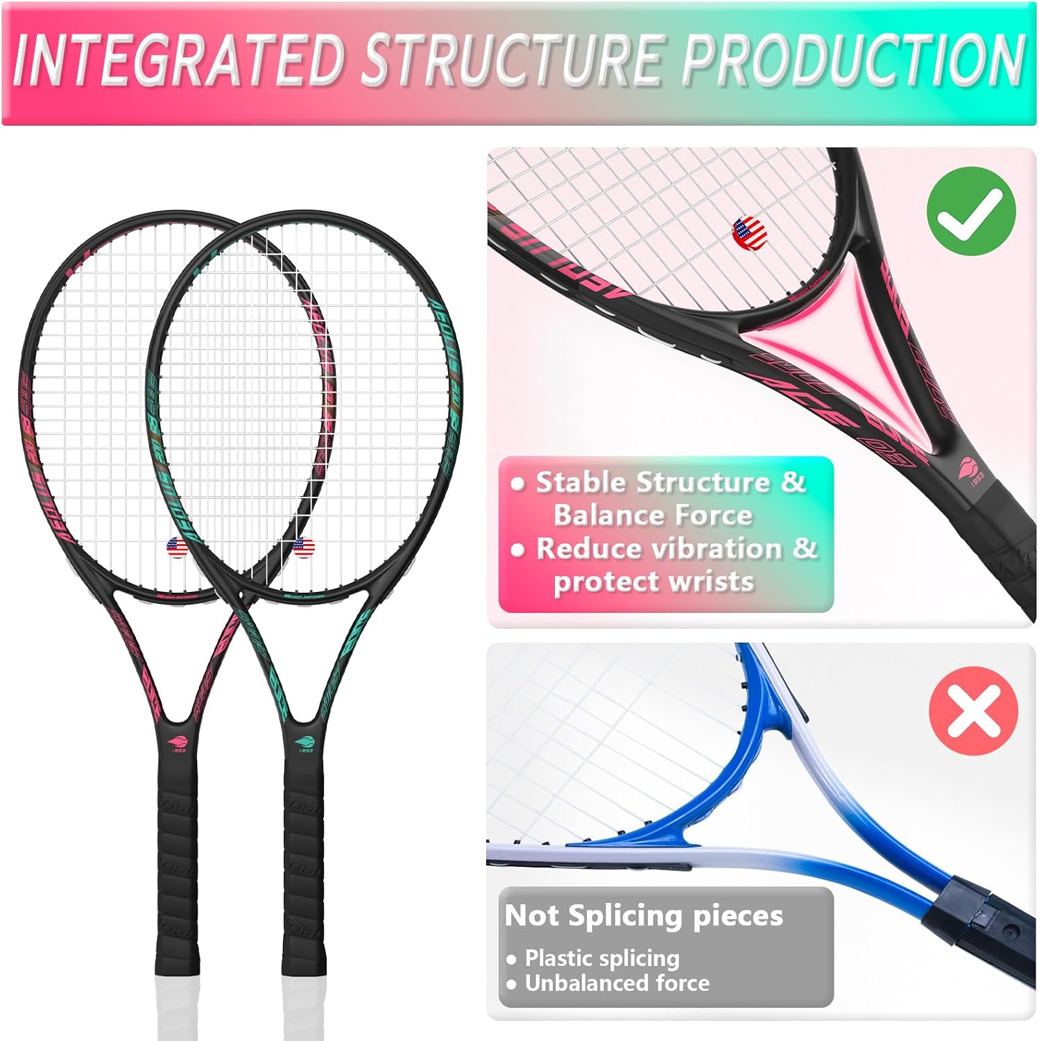 Pro Tennis Racket for Adults, 2 Player 27 inch Speed Tennis Racquet Acceptable for Beginner and Professional with 3 Tennis Balls, 2 Vibration Dampes, 2 Overgrips, Tennis Bag - Image 2