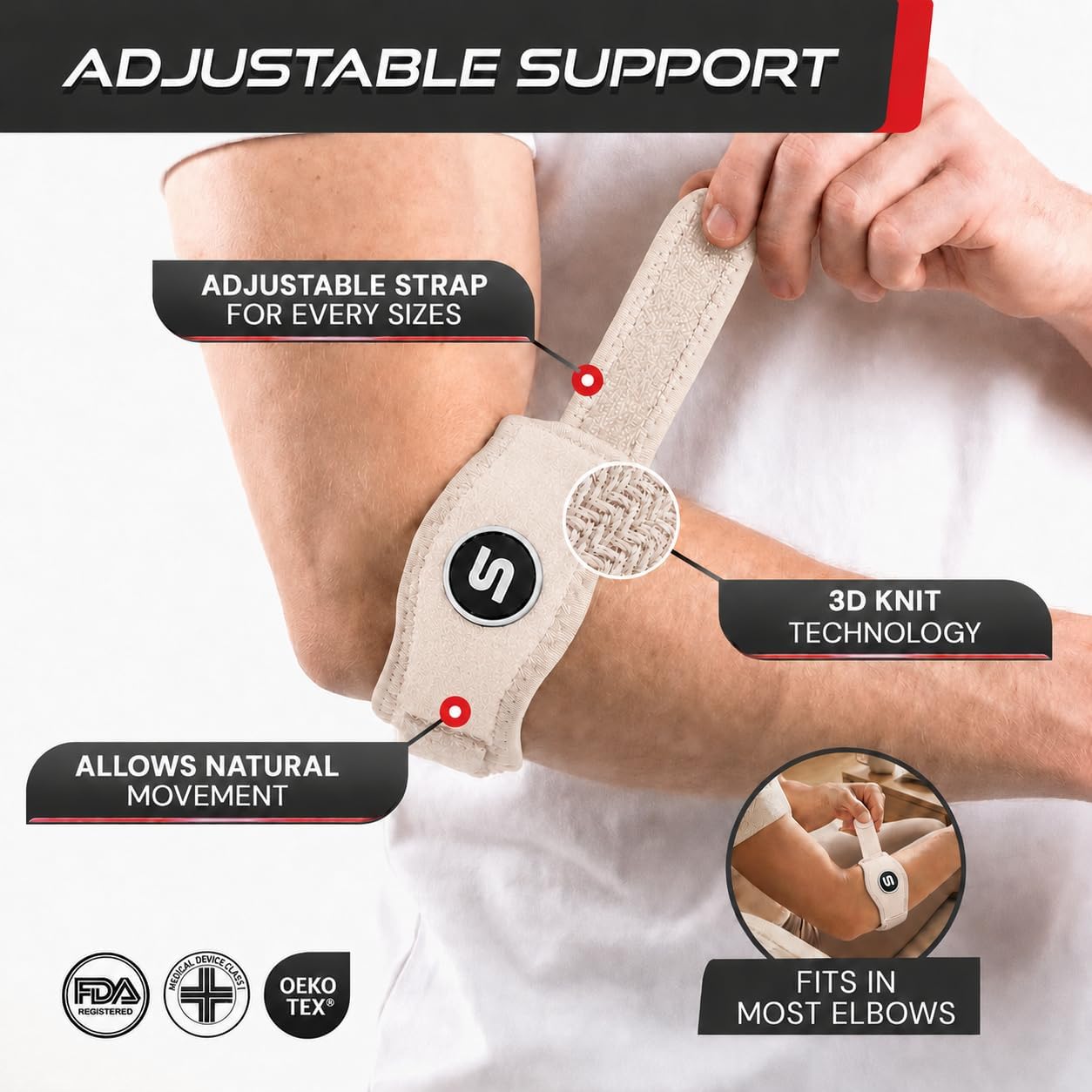 Sleeve Stars Tennis Elbow Brace for Men & Women, Elbow Brace for Tendonitis, Tennis Elbow Strap, Golfers Elbow Brace, Elbow Support Wrap for Tennis Elbow Relief, Fits 9"-23" (Single/Beige) - Image 3