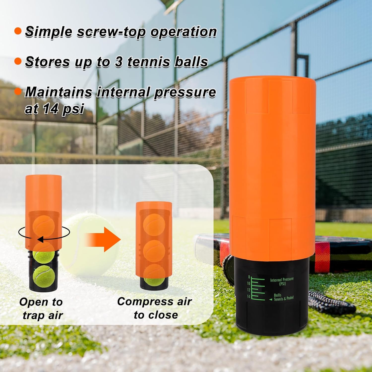 Tennis Ball Pressurizer Storage Canister, Holds 3 Balls 14 PSI Tennis Padel Balls Saver Container Reusable Ball Pressure Pod Presurizador de Pelotas de Tenis Keeper for Club Players Gear Gifts - Image 4