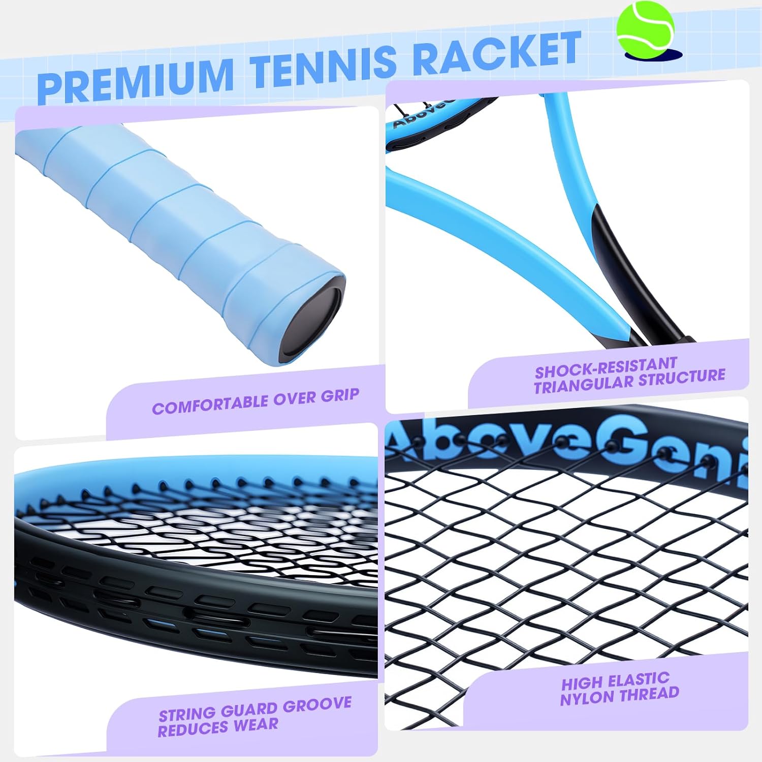 AboveGenius Neon Tennis Rackets 2 Pack for Adults- 27" Lightweight Aluminum Tennis Racquet Set with 3 Balls & Bag- Vibrant High-Visibility Matte Finish for Men Women Beginners - Image 3