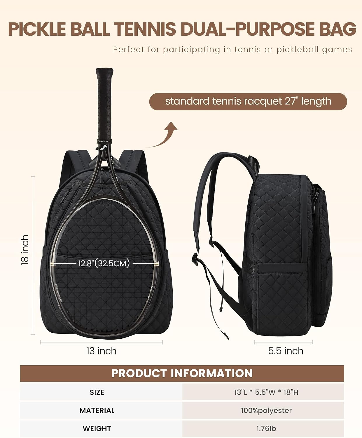 Sucipi Tennis Bags for Women, Quilted Tennis Racket Bag Backpack for Tennis Racquet, Pickleball Paddles, Badminton - Image 3