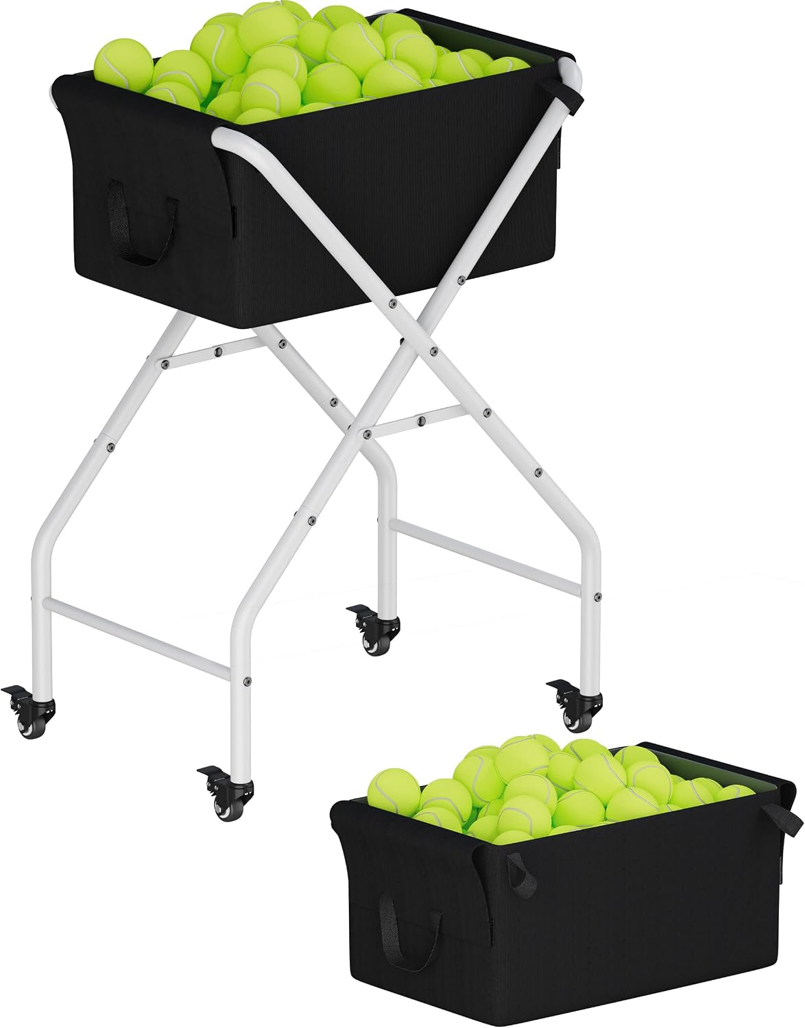 Tennis Ball Hopper Cart Holds 175 Tennis Balls or 140 Pickleballs, Portable Pickleball Collector Caddy with Wheels, Foldable Baseball Basket Holder for Court Training & Coaching