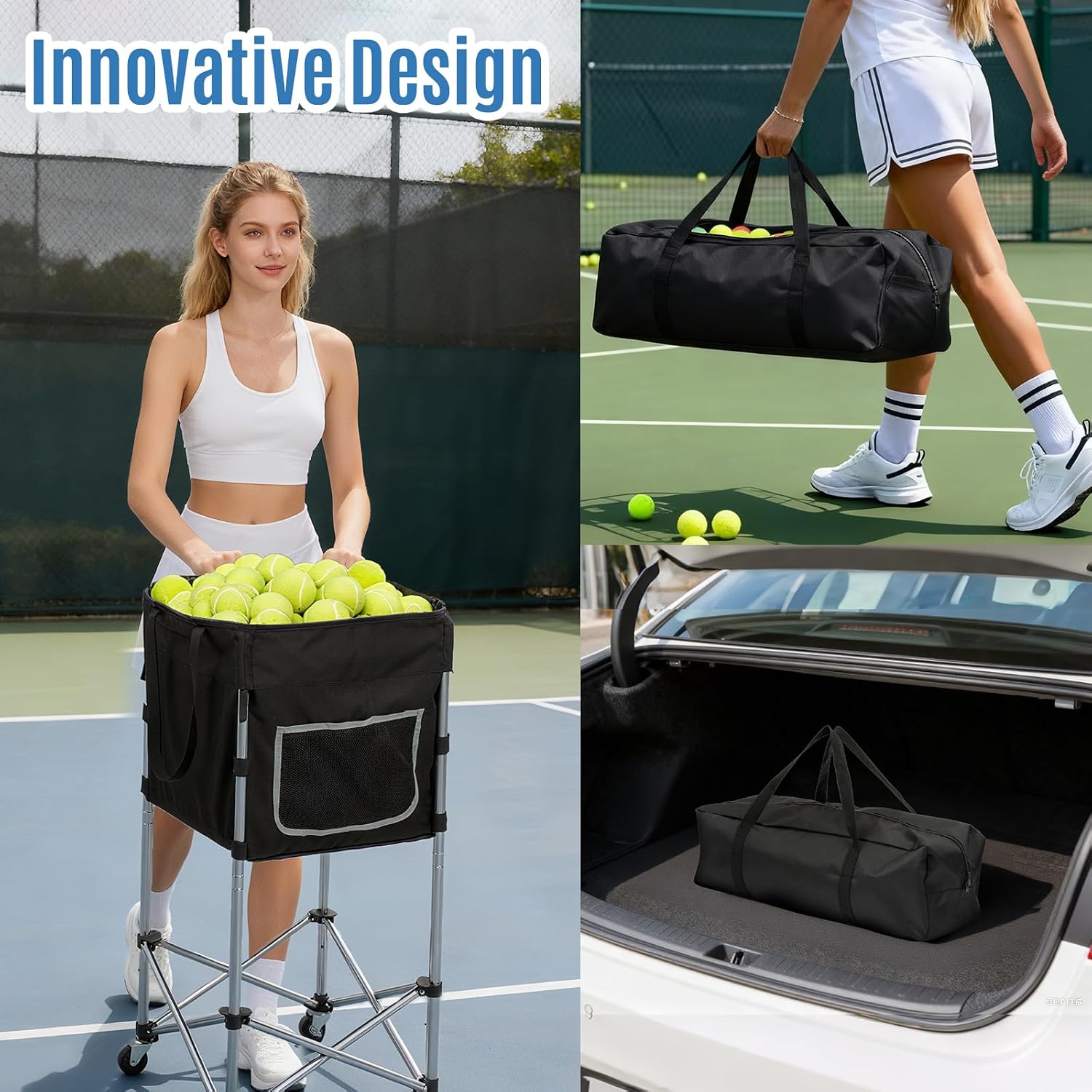 Tennis Ball Cart with Wheels & Brake (180 Capacity) – Heavy Duty Stainless Steel Frame with Detachable Washable Bag – Foldable Travel Hopper for Tennis & Pickleball, Portable Carrier - Image 3