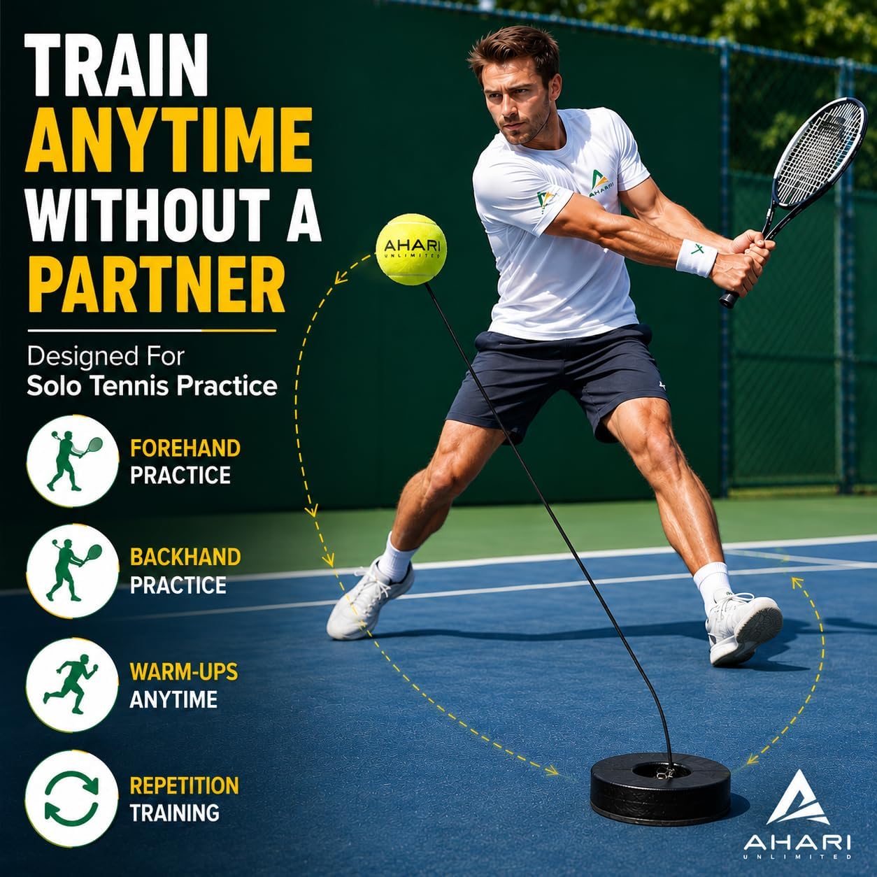 Premium Tennis Trainer Set, Pro Rebounder with Metal Base in a Carrying Cylinder, 3 Replacement Rebound Balls, & Wristband, Portable Tennis Practice Equipment for Solo Training - Image 2