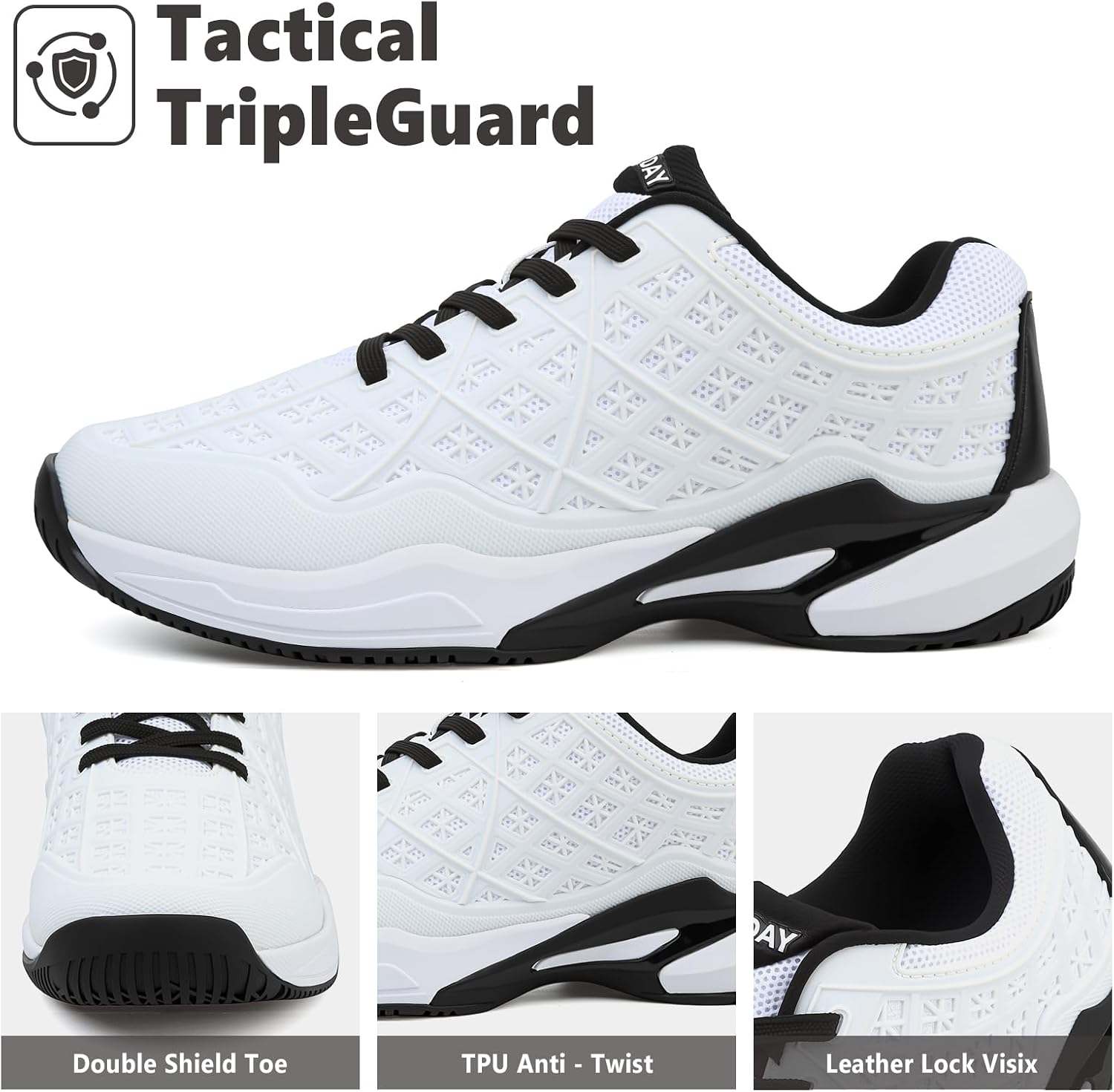Pickleball Shoes Men Tennis Court Sneakers Indoor Outdoor Breathable Athletic Sports Lightweight Non Slip White/Black - Image 4
