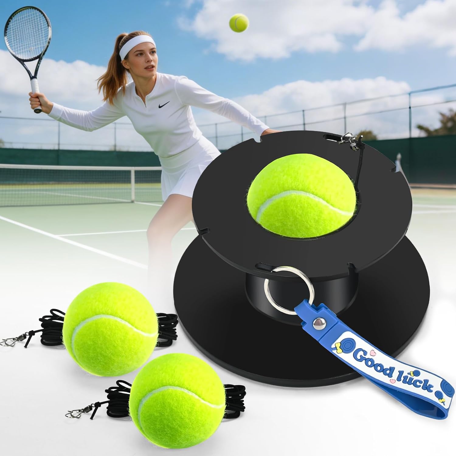 Tennis Trainer Metal Base, Portable Tennis Practice Rebounder with 3 High-Elastic String Balls, Prime Solo Tennis Trainer Tennis Ball Rebounder Outside for Adults Kids