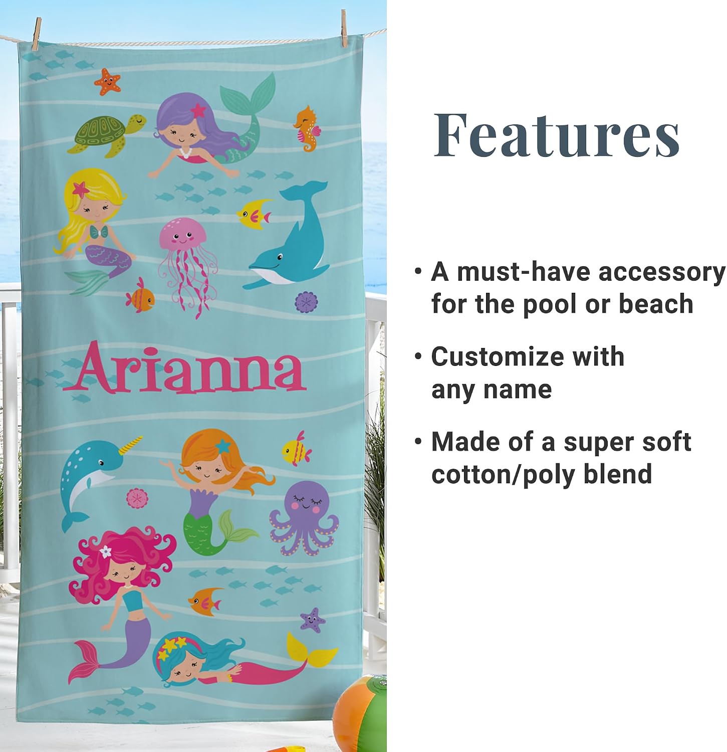 Let's Make Memories Personalized Beach Towel for Kids - Custom Towel for Pool Vacation Spring Break Camp Cruise - 30" Wx60 L - Standard Size - Mermaid & Friends - Image 3