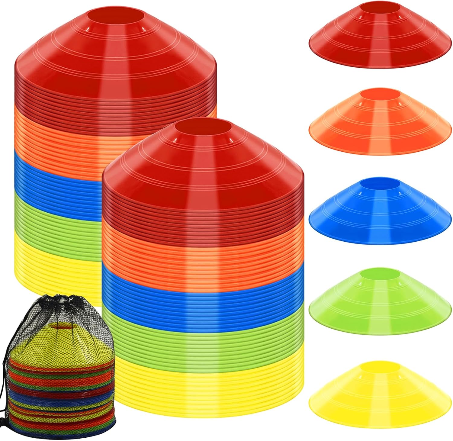 Soccer Cones for Training, 100/15 Pack Agility Cones with Carry Bag, Multi-Color Disc Cones for Sports Training, Soccer, Football, Basketball, Field Cone Markers, Indoor Outdoor Sports